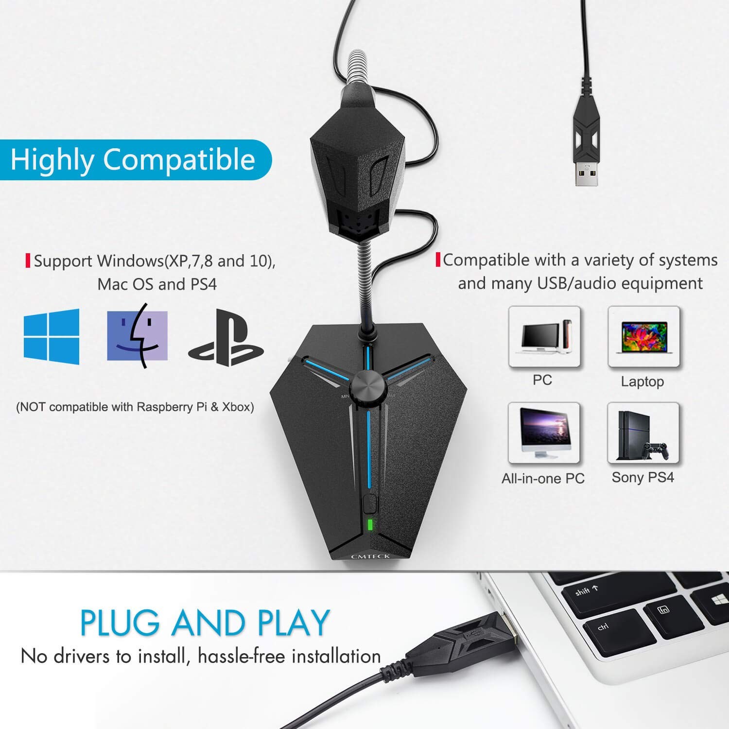 USB Desktop Microphone with Mute Button & LED for PC/Mac, Volume Control