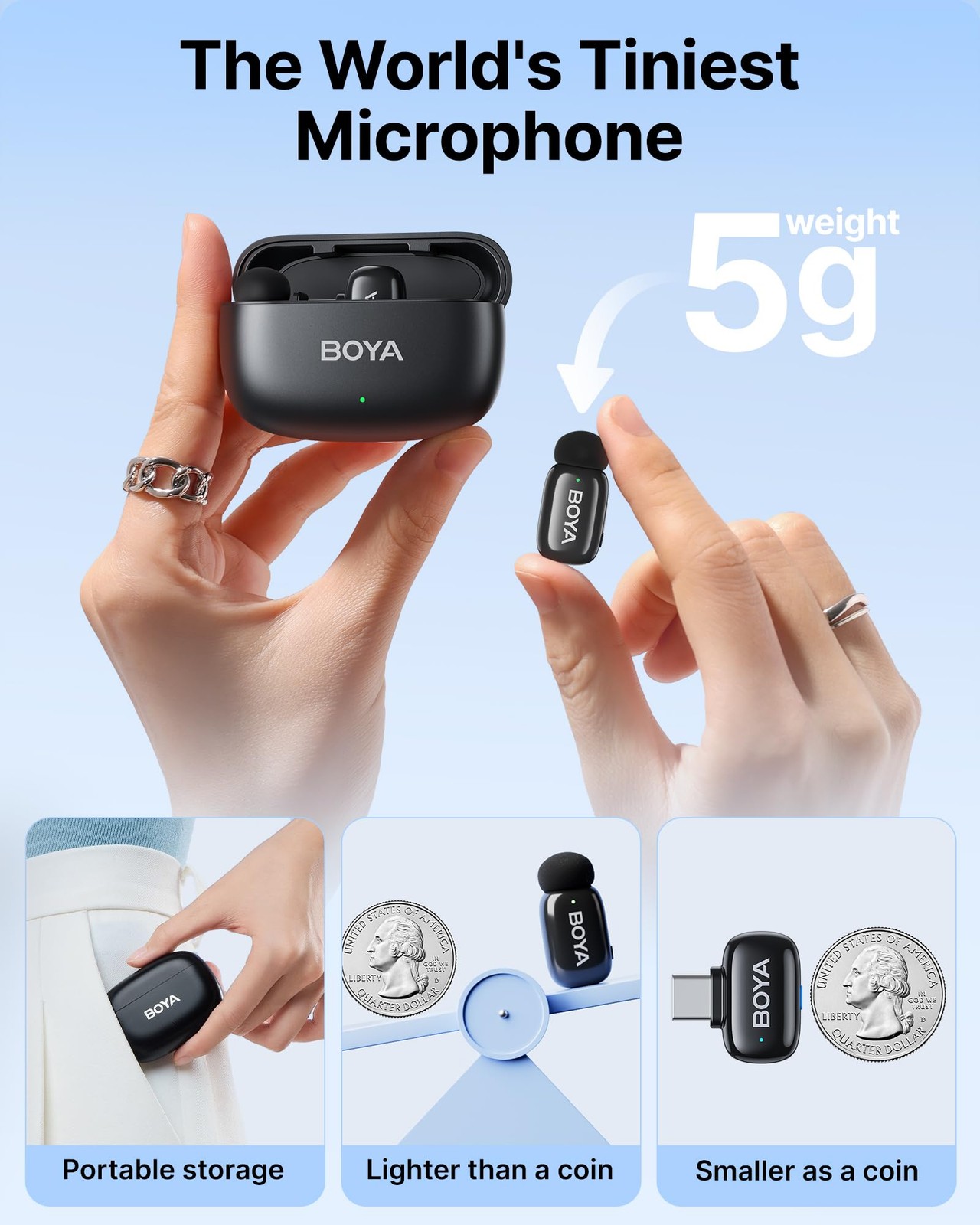 BOYA Mini Wireless Lavalier Mic USB-C, 2.4GHz, AI Noise Cancel, 30h Battery
