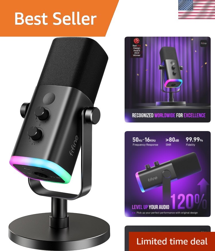 AmpliGame Dynamic Microphone: USB/XLR Connectivity, RGB Light & Desktop Stand