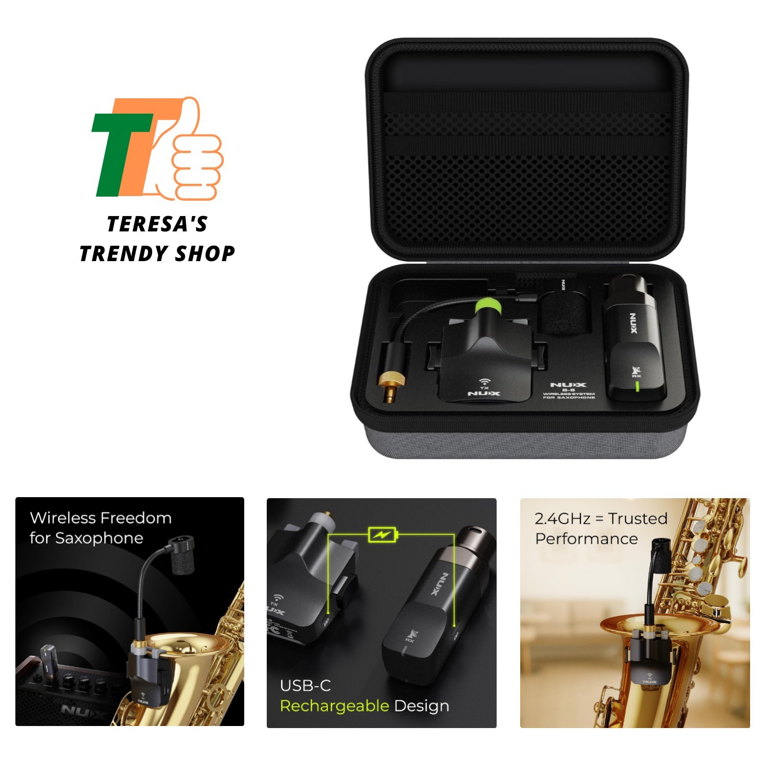 2.4GHz Wireless Microphone for Saxophone – USB-C Rechargeable Charging Case