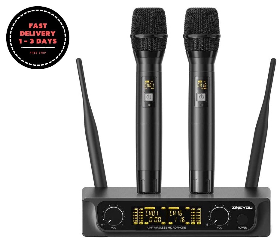 Conjunto de micrófono inalámbrico dinámico de mano doble con pantalla LCD.Nuevo