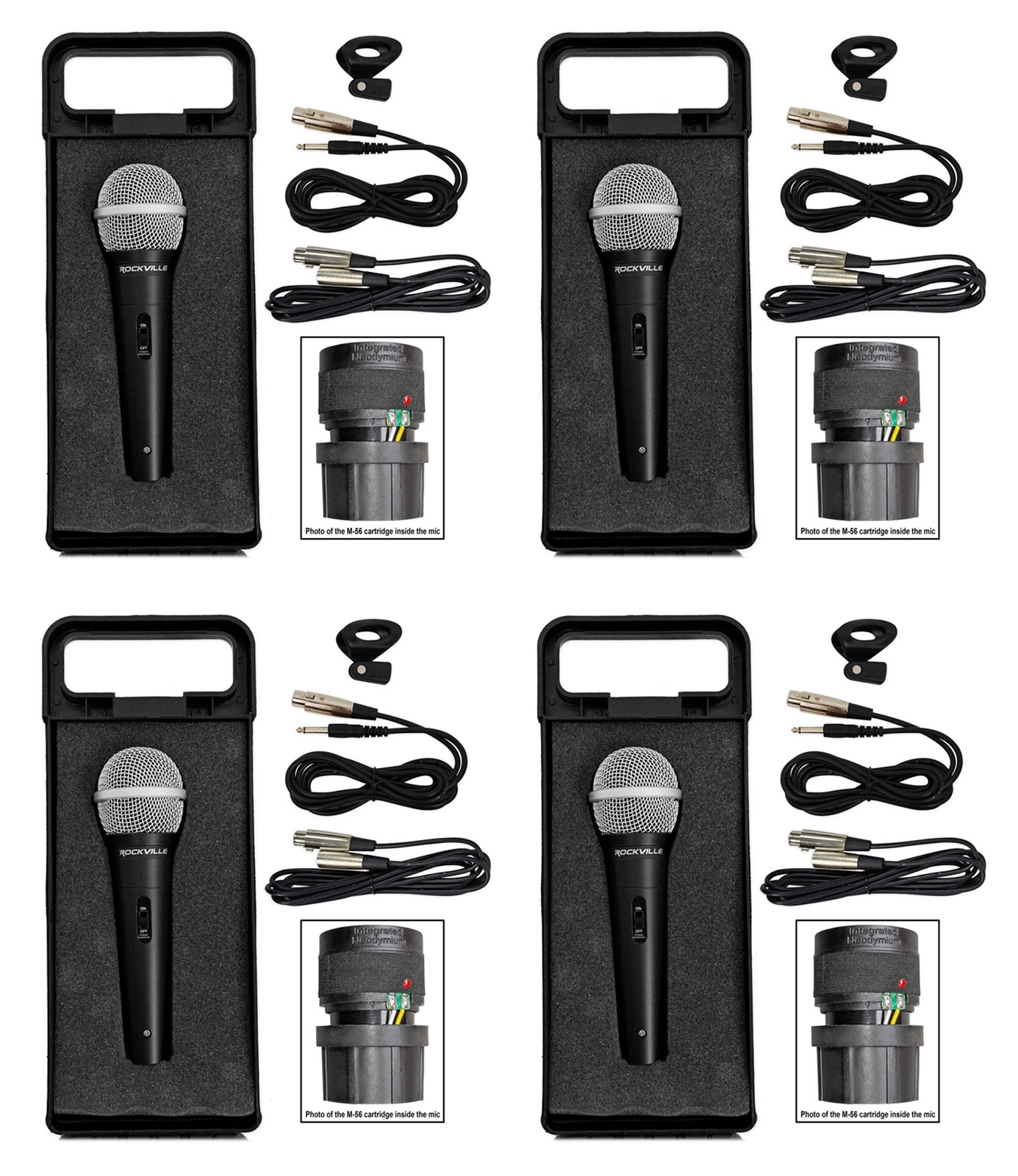 (4) Rockville RMC-XLR Metal DJ Handheld Wired Microphones Mics w (4) 1/4″ Cables
