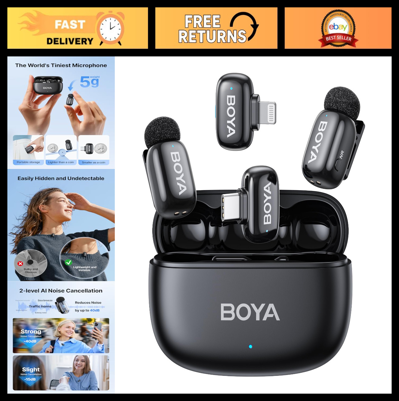 Wireless Mini Microphone for iPhone & Android, AI Noise Cancellation, 30H Batter