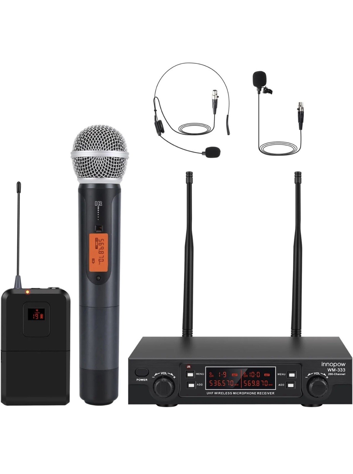 Innopow WM-333HB UHF Wireless Dual Handheld Microphone System 200-Channel New