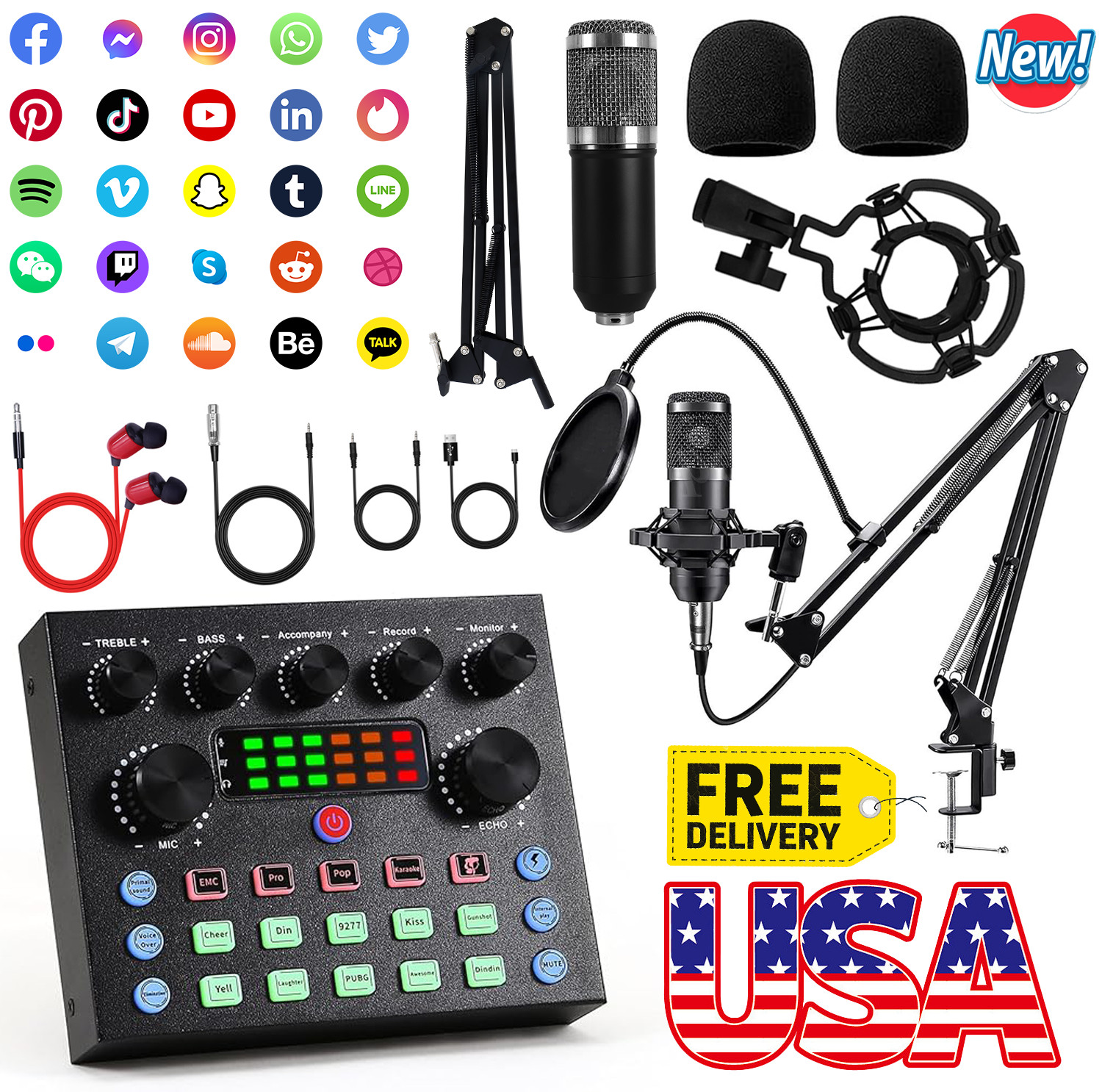 Studio Recording Kit Podcast Music Mixer Equipment Home Condenser Microphone Set
