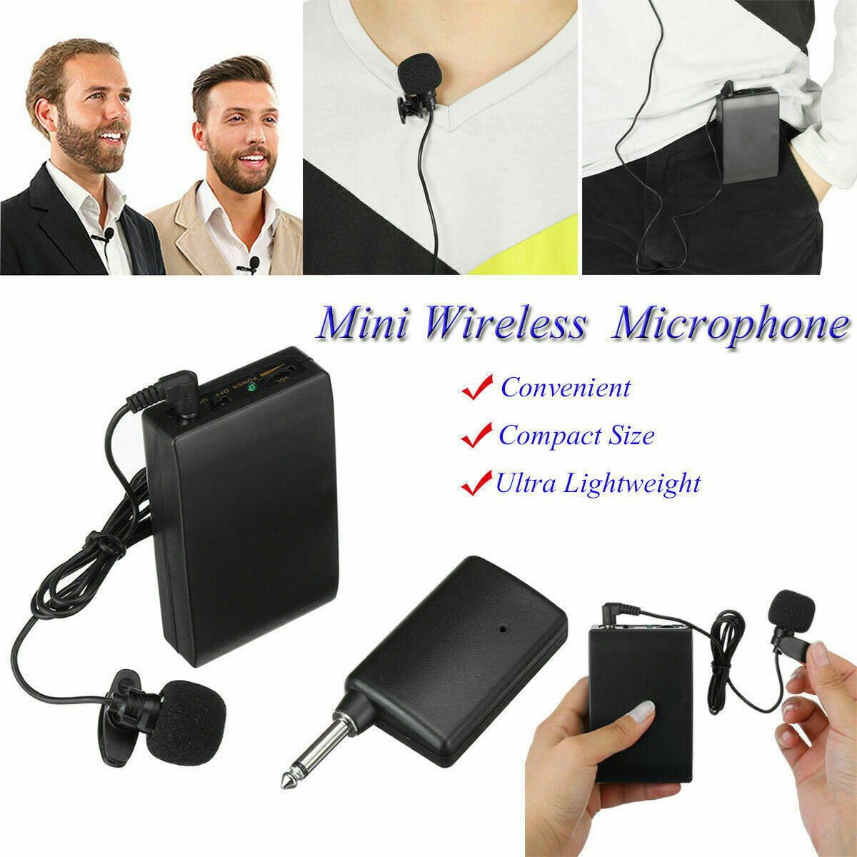 Portable Mic Transmitter Set Mini Wireless Cordless Clip-on Lapel Tie Microphone