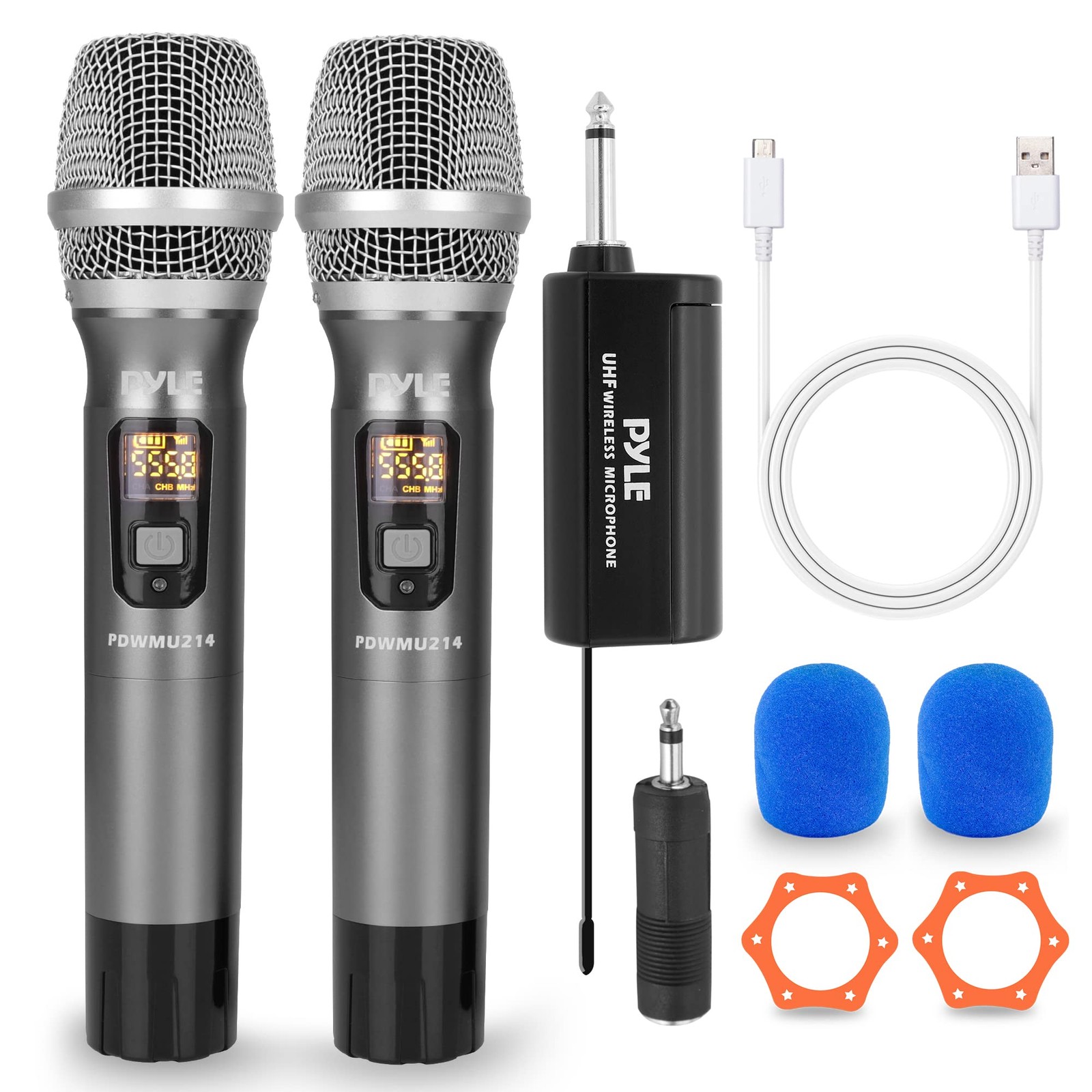 Pyle Dual UHF Wireless Microphone System – Professional 9.8″ X 1.5″, Gray