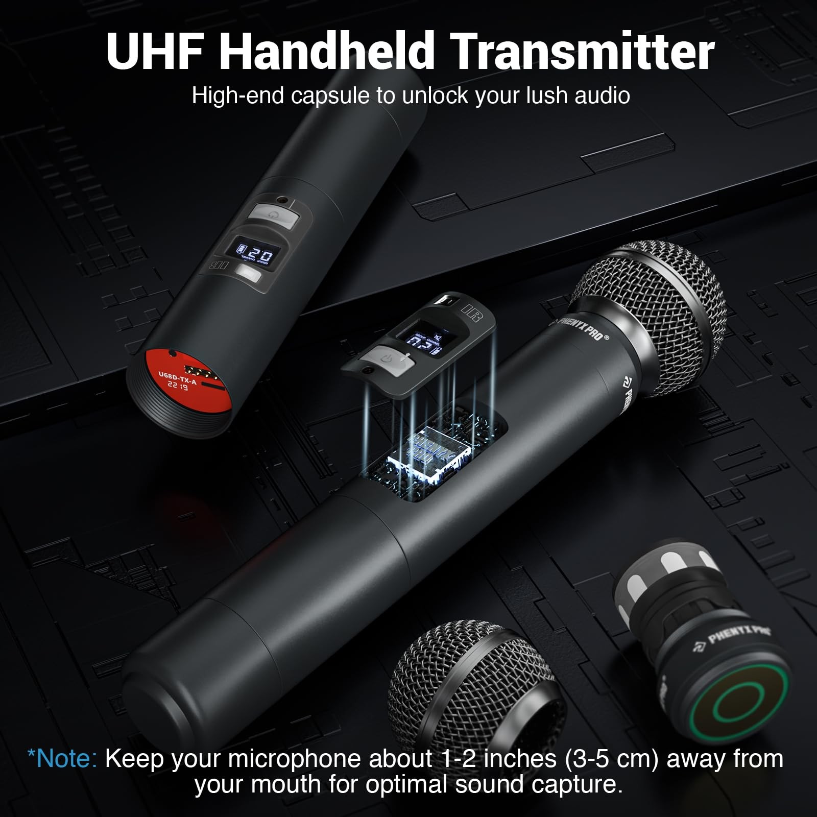 Phenyx Pro Dual UHF Auto Scan Handheld Wireless Two Mics, Black