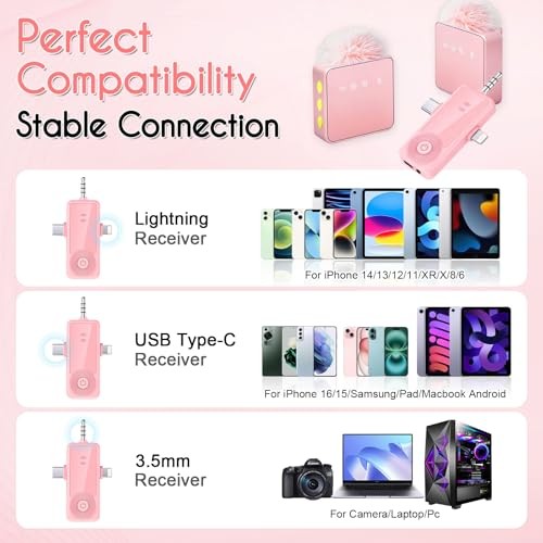 3-in-1 Wireless Microphone for iPhone/Android/Camera with Noise Pink