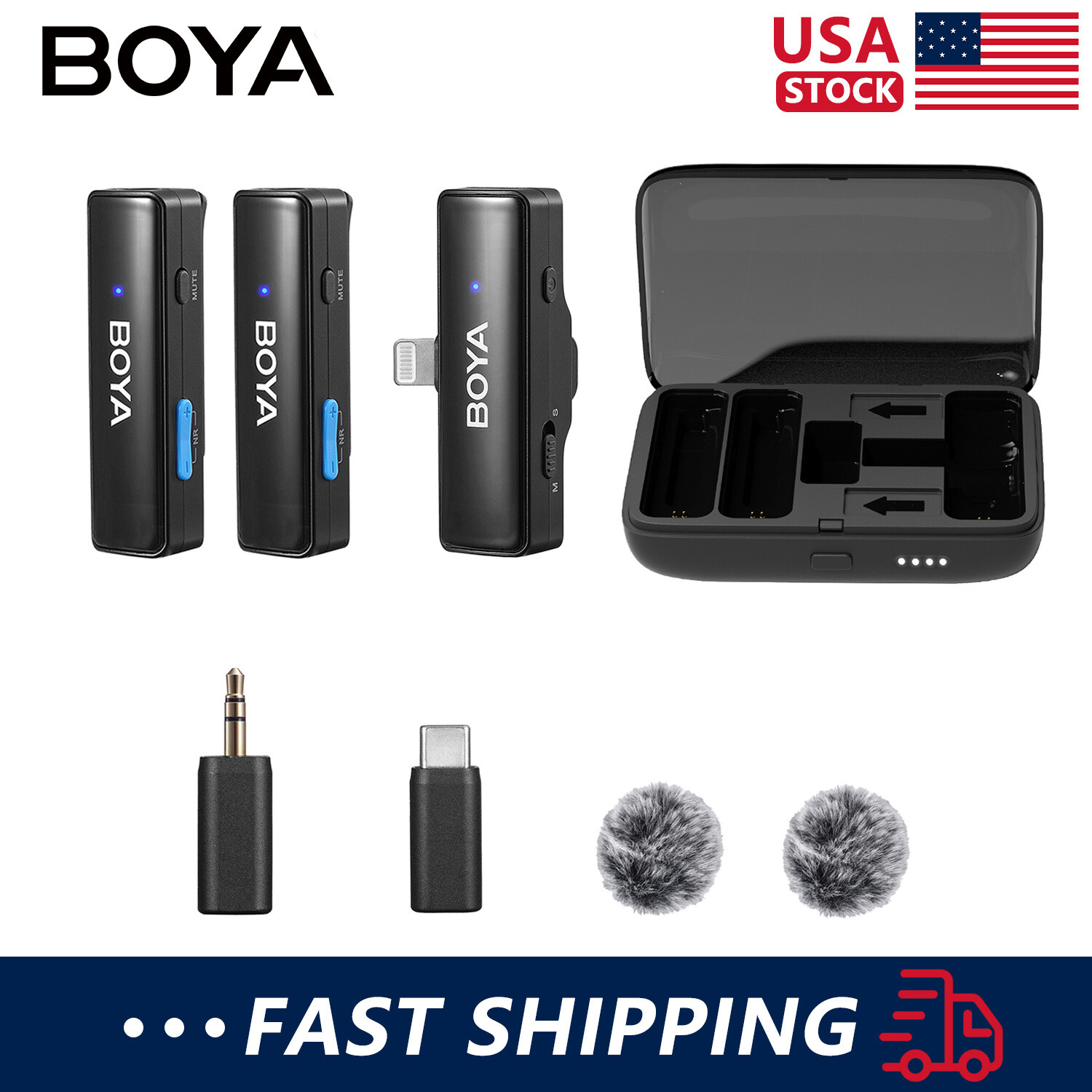BOYALINK Wireless Lavalier Mic USB-C/Lightning/3.5mm Adapters, 30hr+ Battery