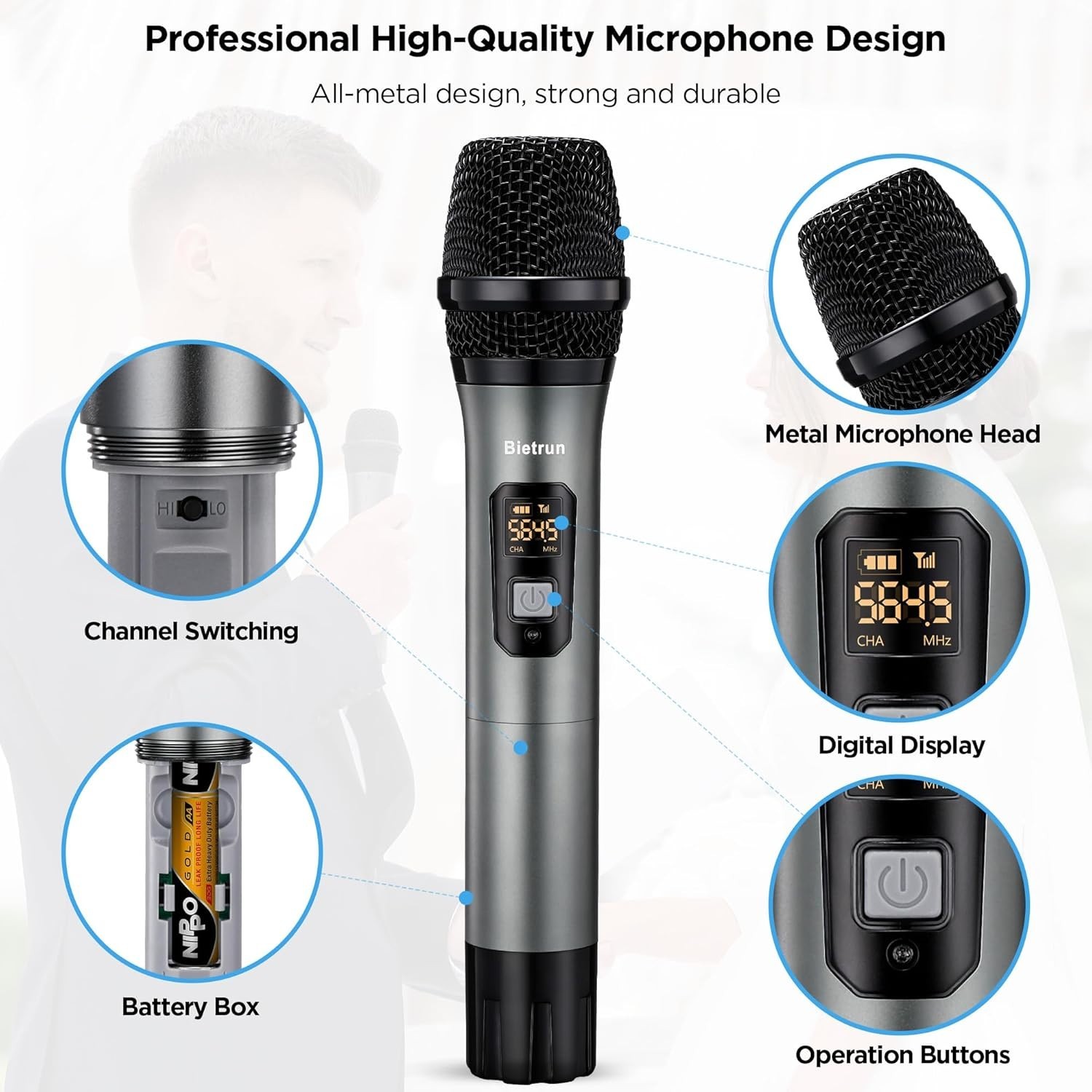 UHF Wireless Microphone Set with Rechargeable Receiver for Karaoke & Events