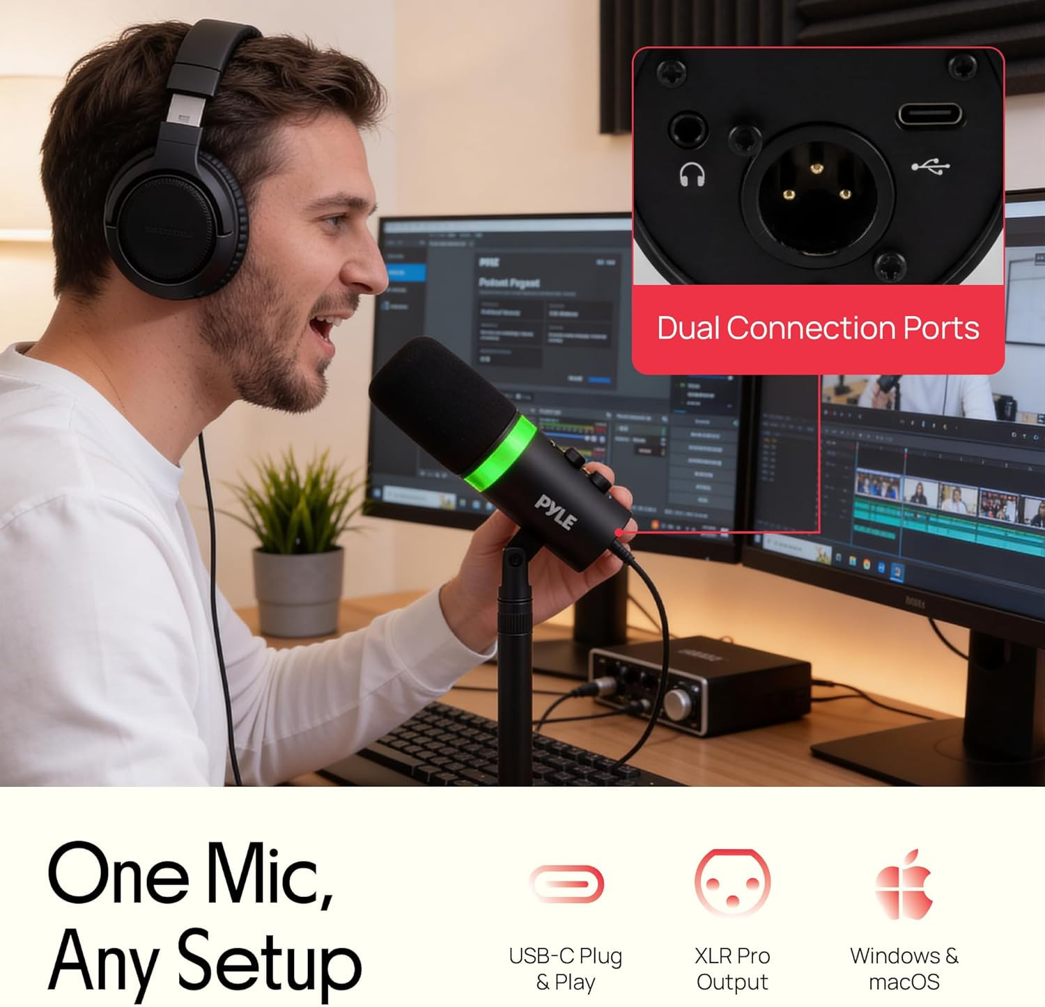 Dynamic Microphone, Dual Input USB/XLR Podcast Recording, PC Streaming Studio Mi