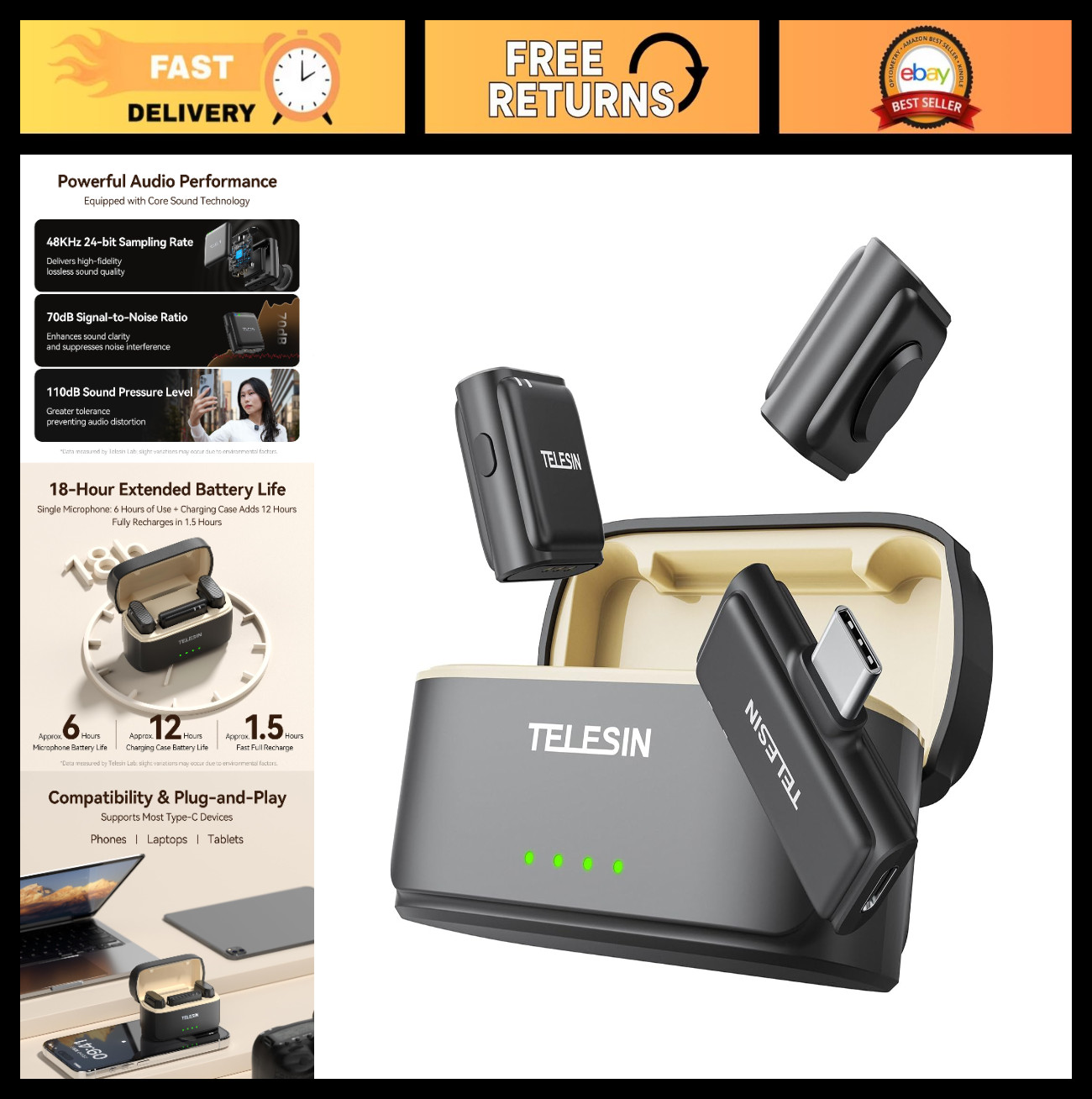 Wireless Lavalier Microphone with Charging Case, Noise Reduction, 650ft Range, 2