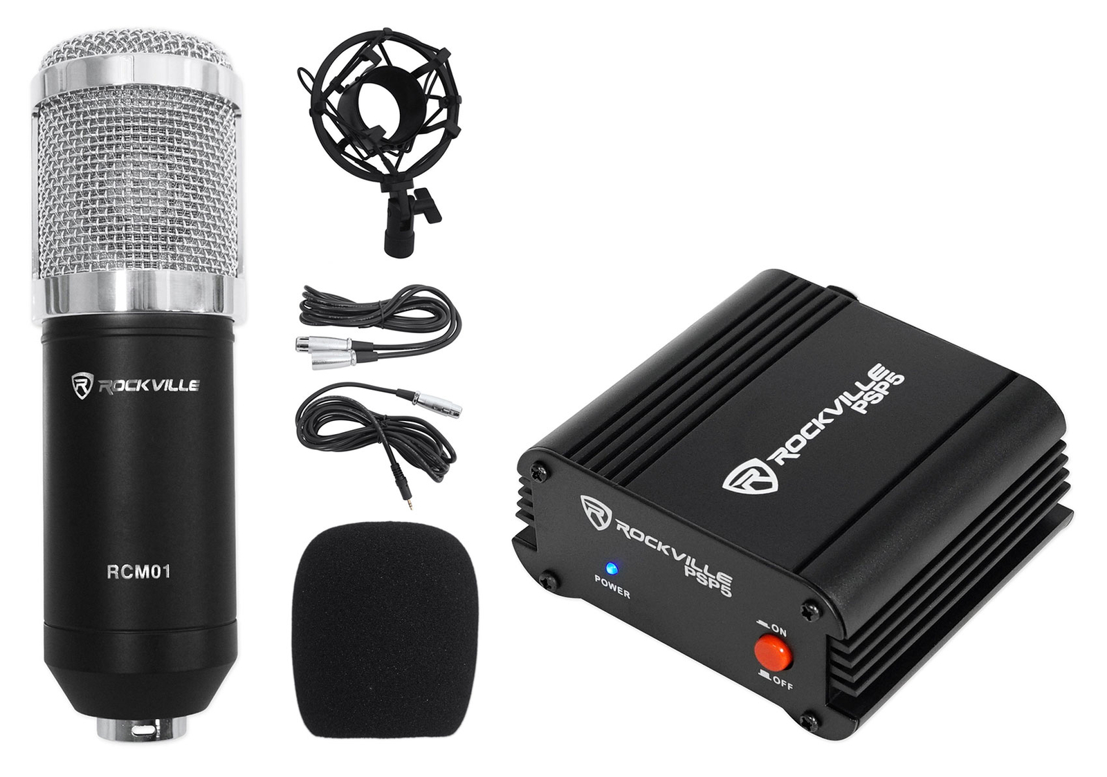 Rockville RCM01 Studio Recording Condenser Microphone+Phantom Power Supply