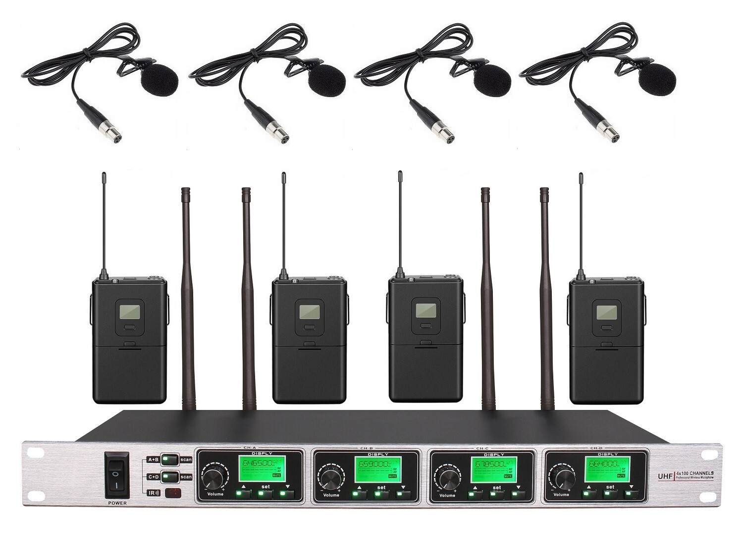 4 Channel UHF PRO Wireless Lavalier Lav Lapel mic System for Stage Performance