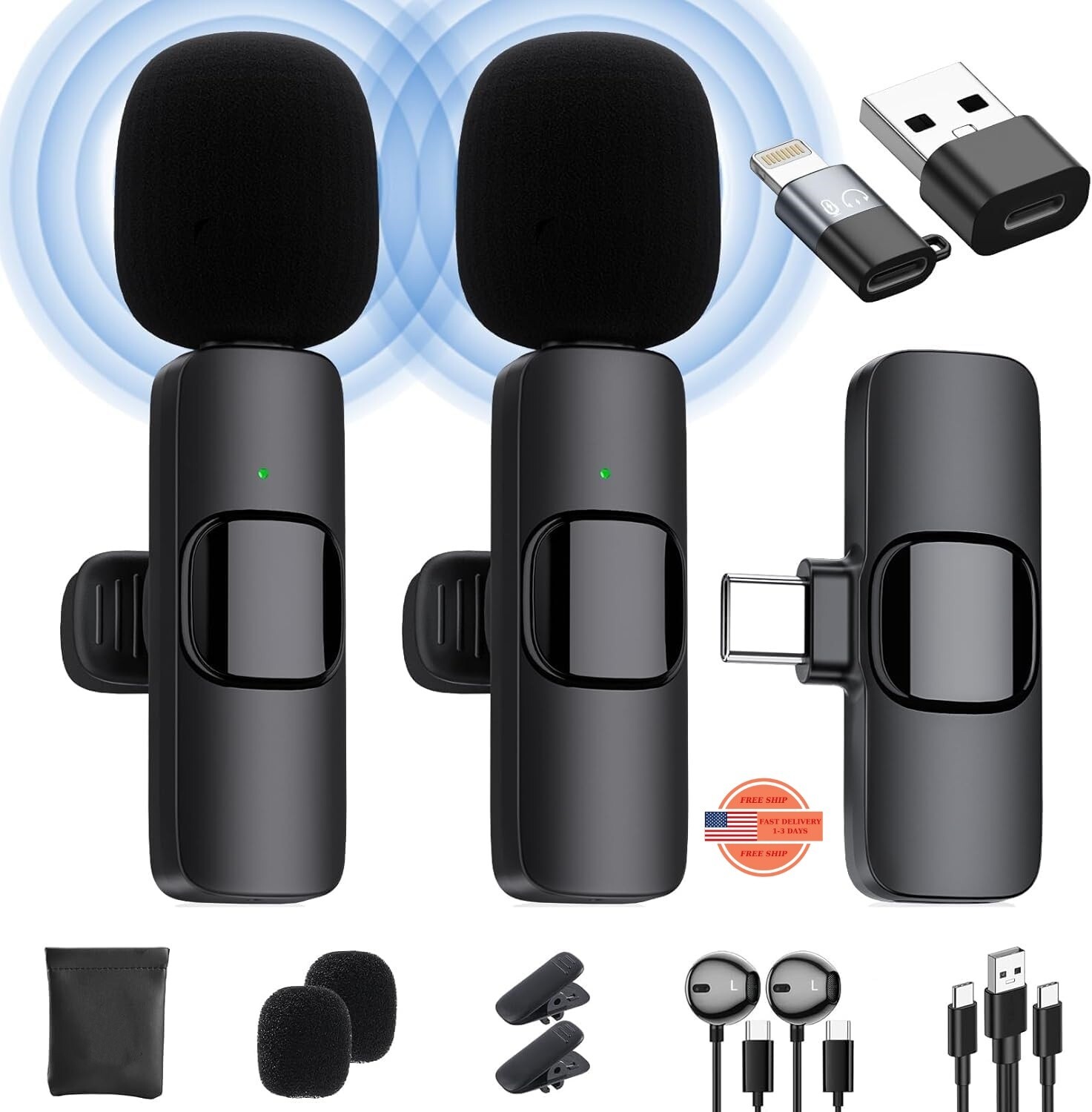 Micrófono solapa inalámbrico para iPhone/teléfono Android/computadora portátil