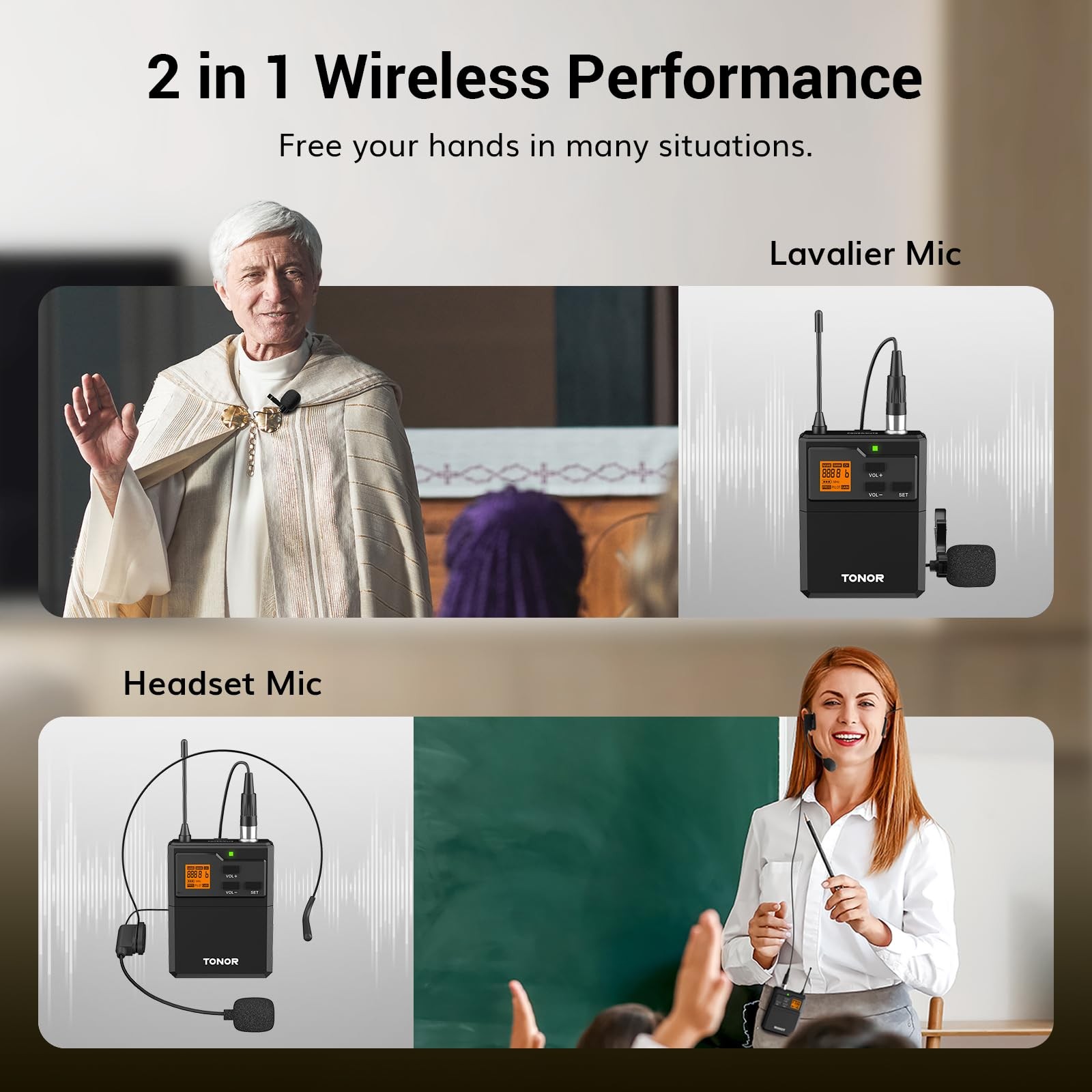 TONOR UHF Wireless Microphone System with Headset Lavalier Lapel Mic, Bodypac…