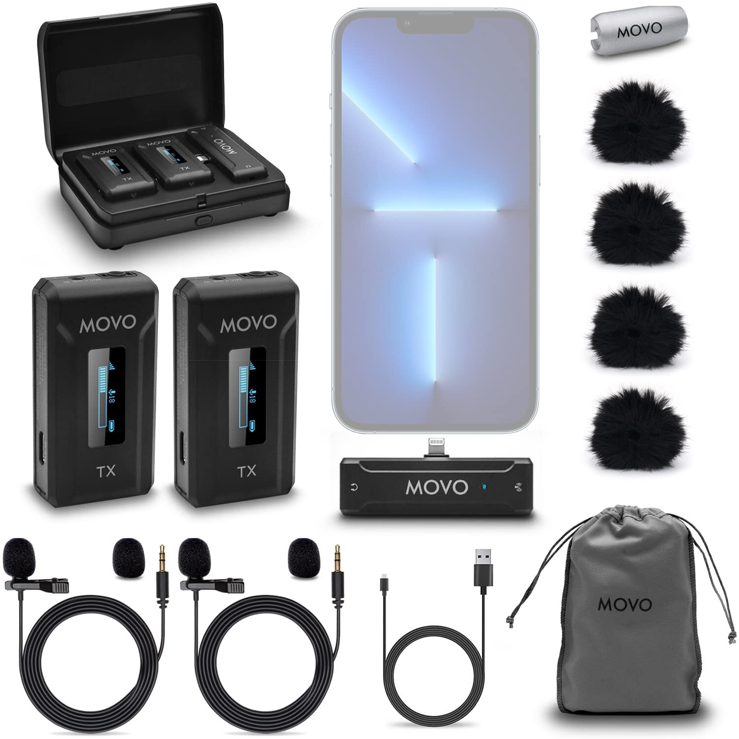 Movo WMX-2-L-DUO Wireless Microphone for iPhone with Charging Case, Lightnin—-