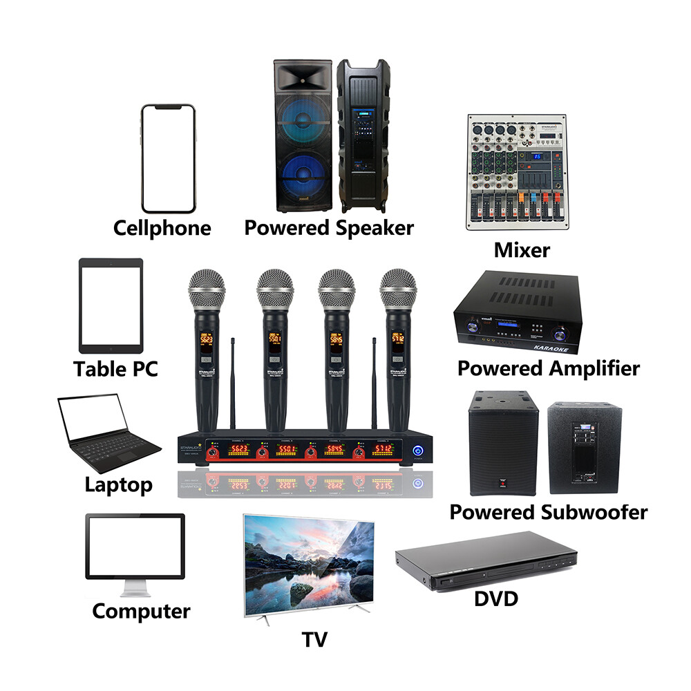 4 Channel Wireless Microphone System 4CH UHF Handheld Adjustable Frequency Mic