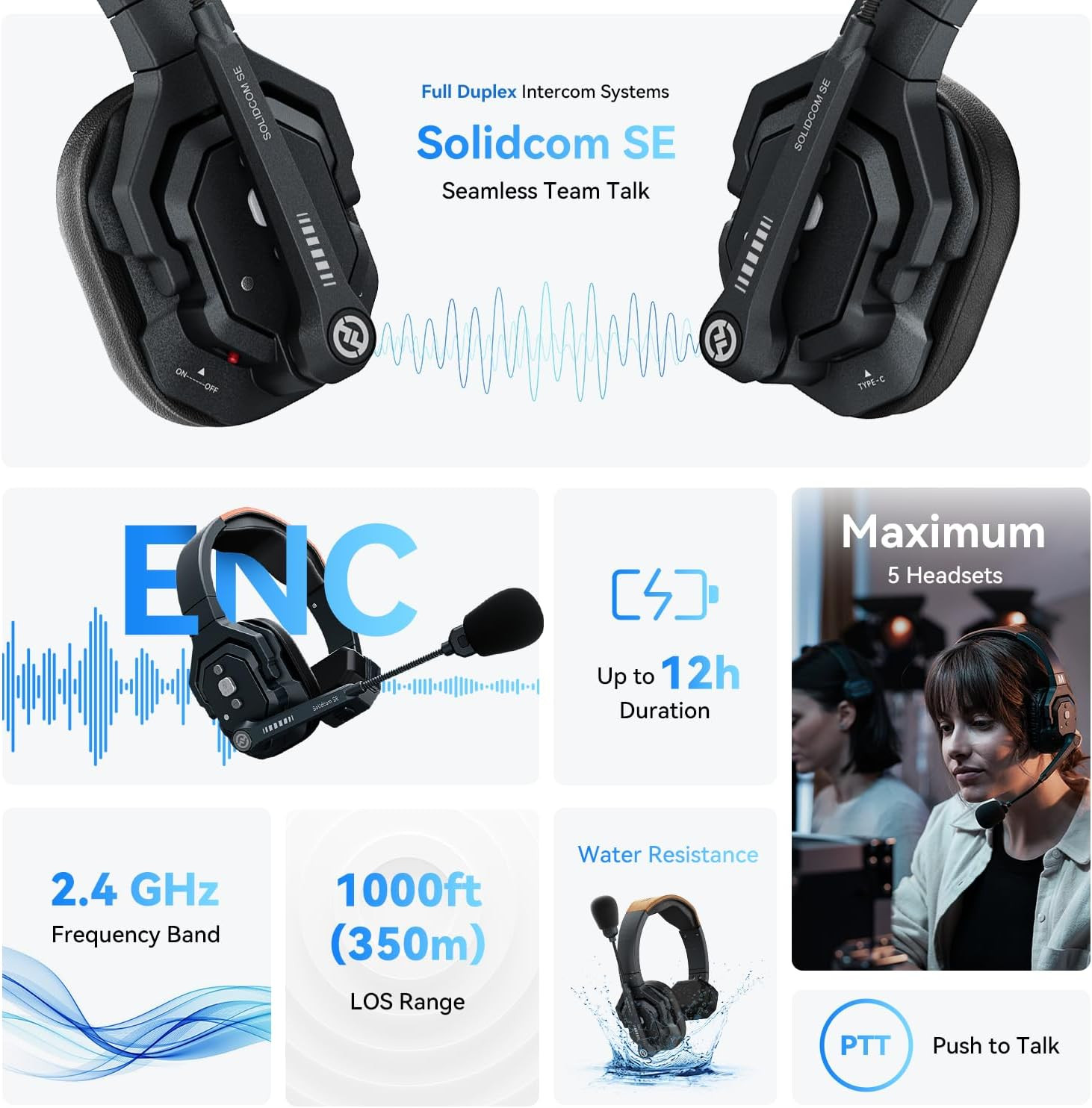 Solidcom SE Full Duplex 5-Users ENC Noise Cancellation Wireless Intercom Headset
