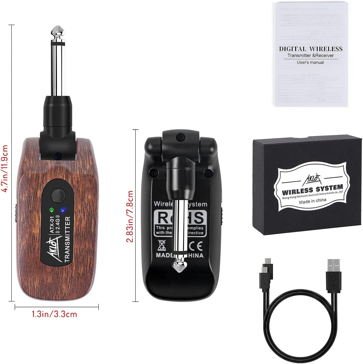 2.4GHz Wireless Guitar System Transmitter Receiver Rechargeable for Guitar/Bass
