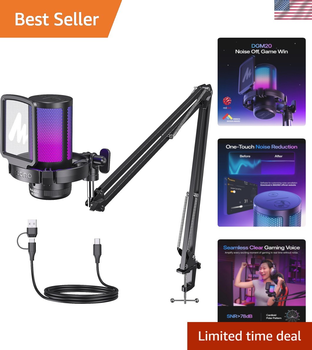 Gaming USB Microphone, Noise Cancellation Condenser Mic with Mute, Gain, Moni…