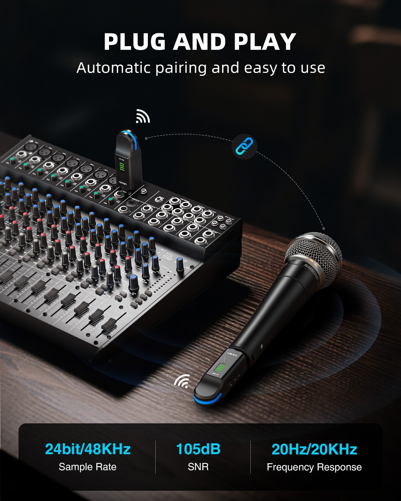 Professional Wireless XLR System 48V Phantom Power for Mic, 4 Channel, 100FT