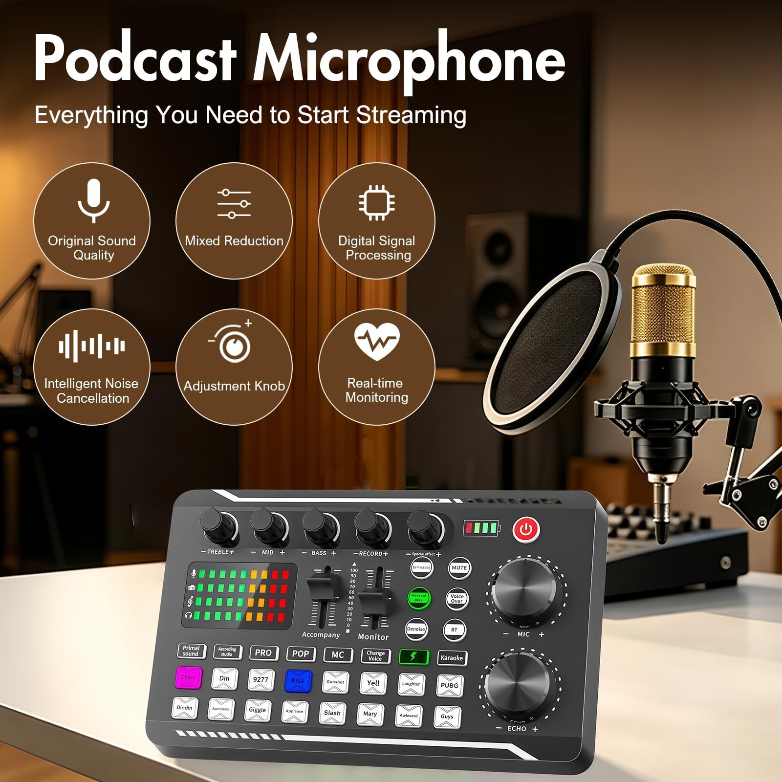 Podcast Equipment Bundle – Audio Mixer & BM-800 Mic, Live Sound Card, Voice Chan