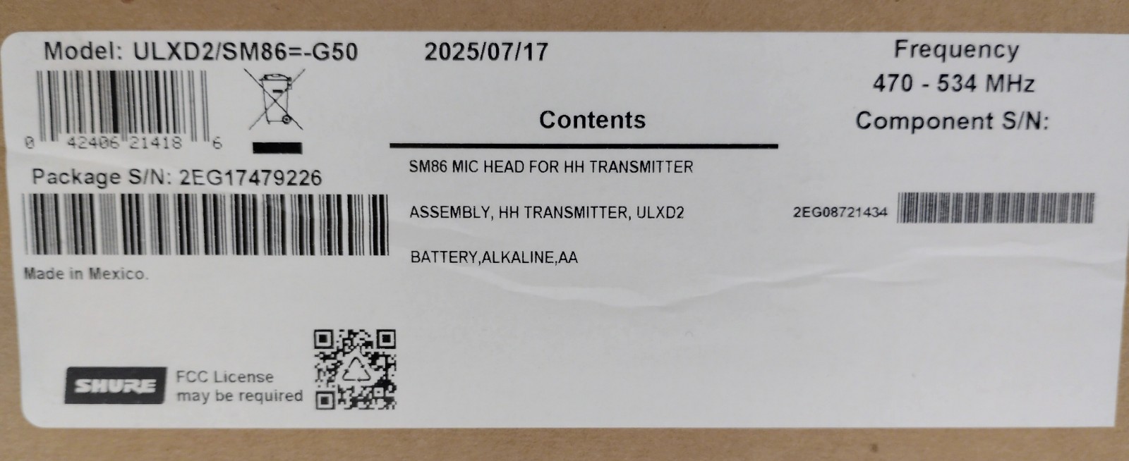 Brand New Shure ULXD2/SM86 G50 Wireless Microphone-Factory Sealed