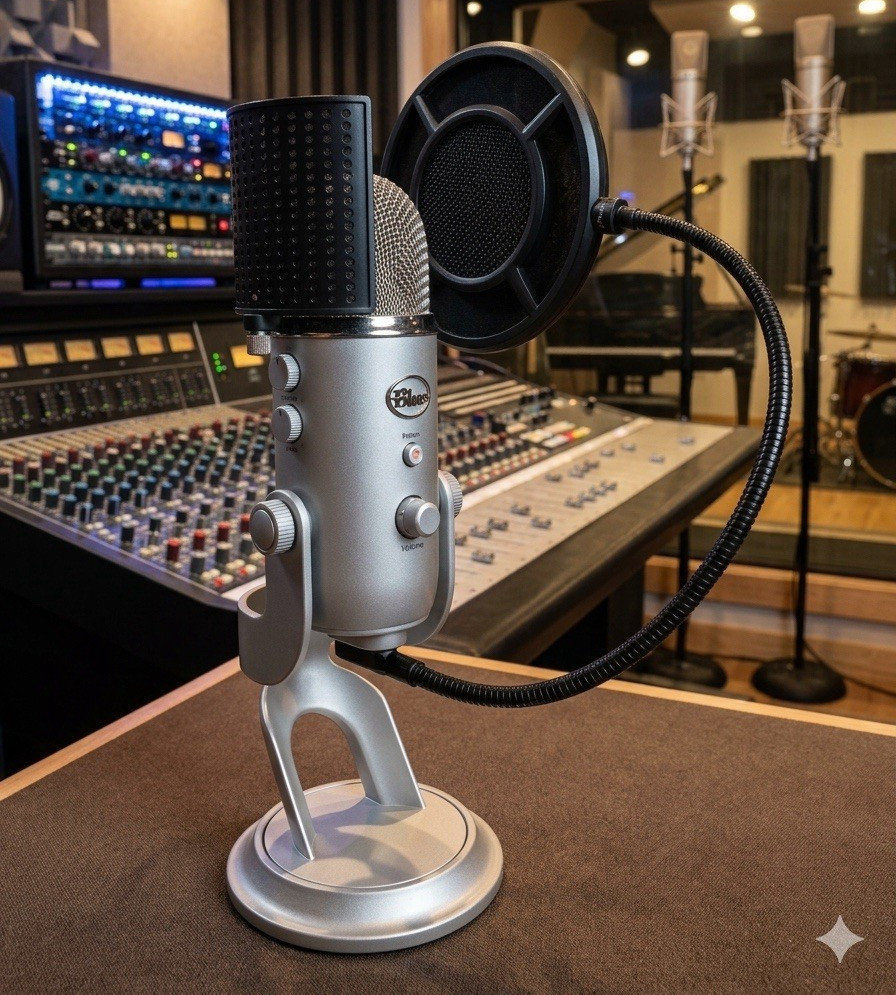 Blue Yeti Silver USB Wired Condenser mic with pop filter, windshield foam cover.