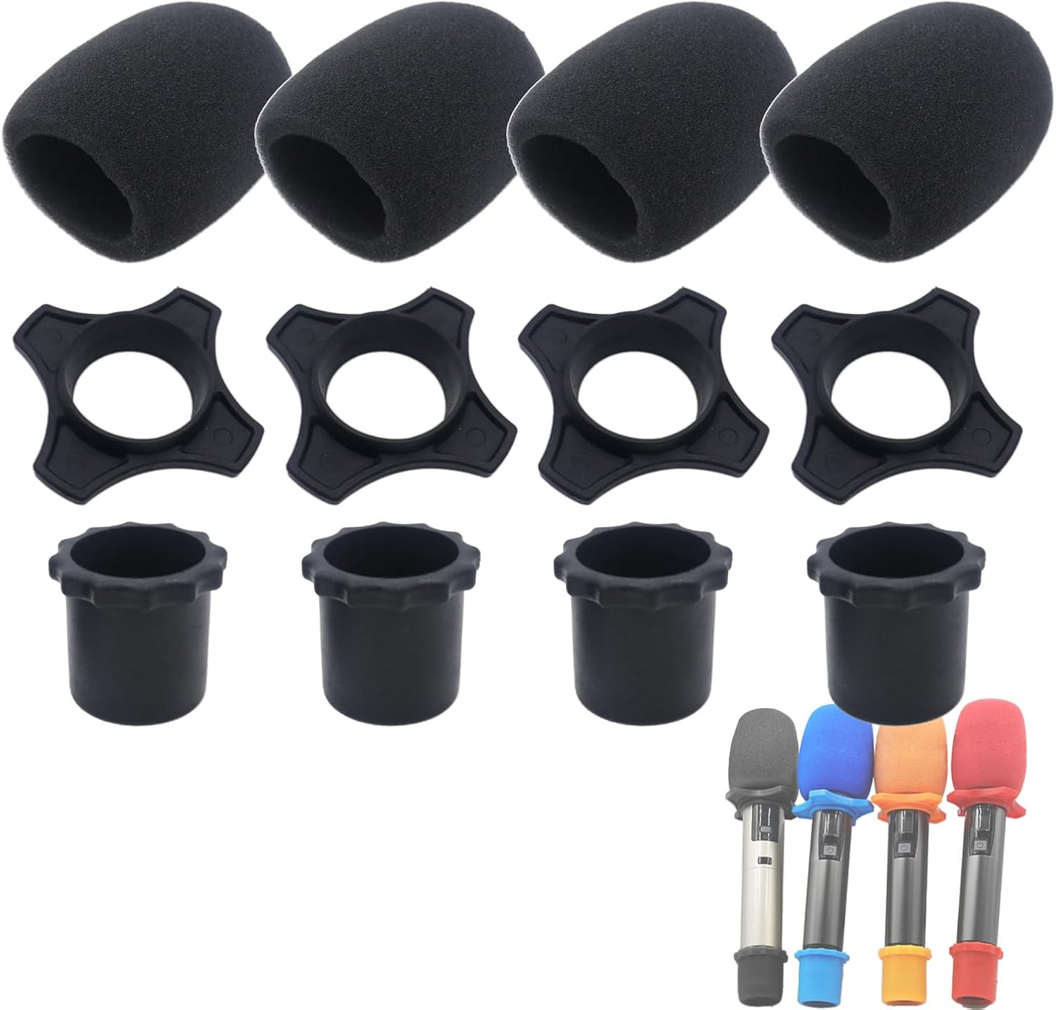 4 Set Black Wireless Handheld Microphone Protection Kit – Shakeproof Anti-Rollin