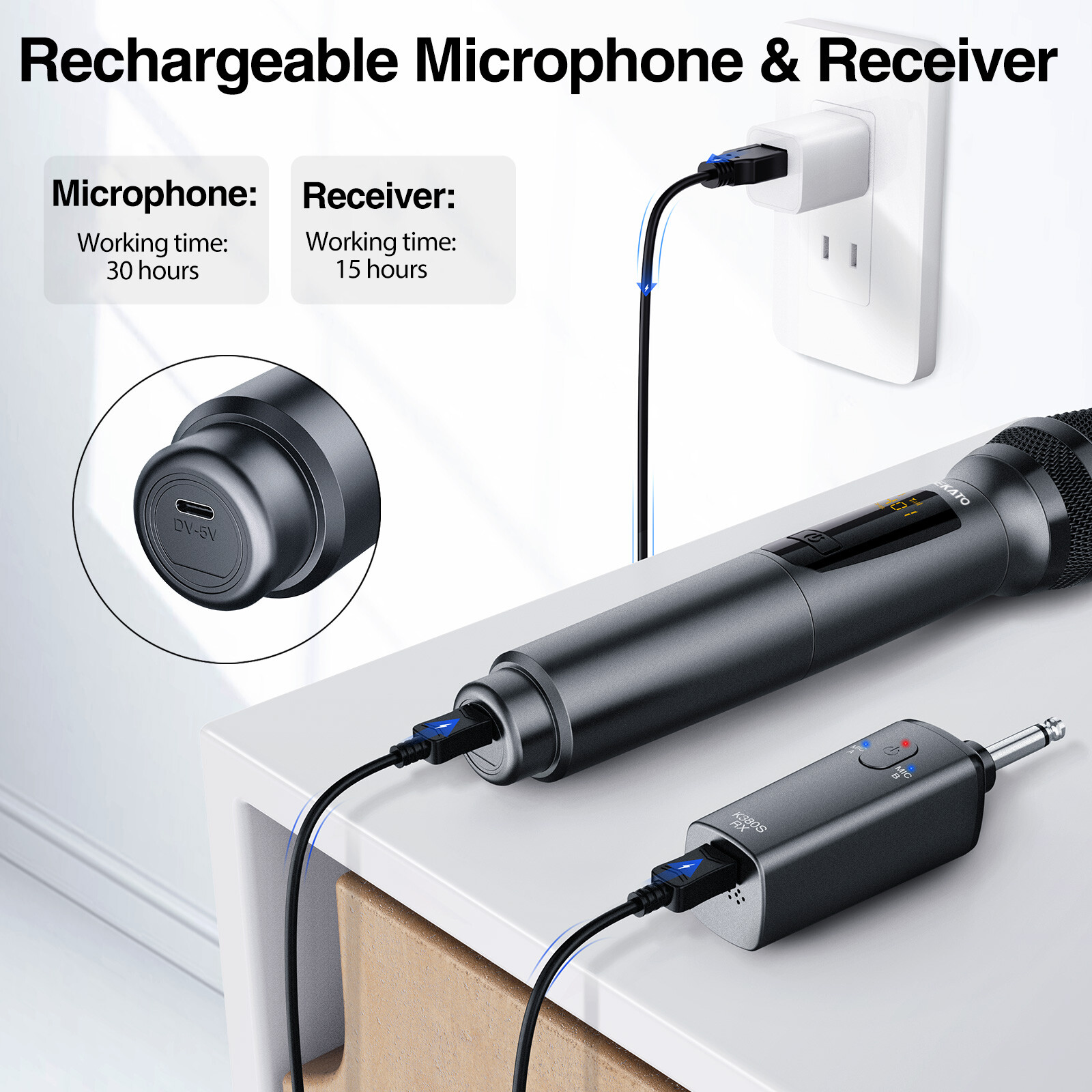 LEKATO Wireless Dynamic Microphone Set Metal MIC Rechargeable 2.4GHz 100ft K380S
