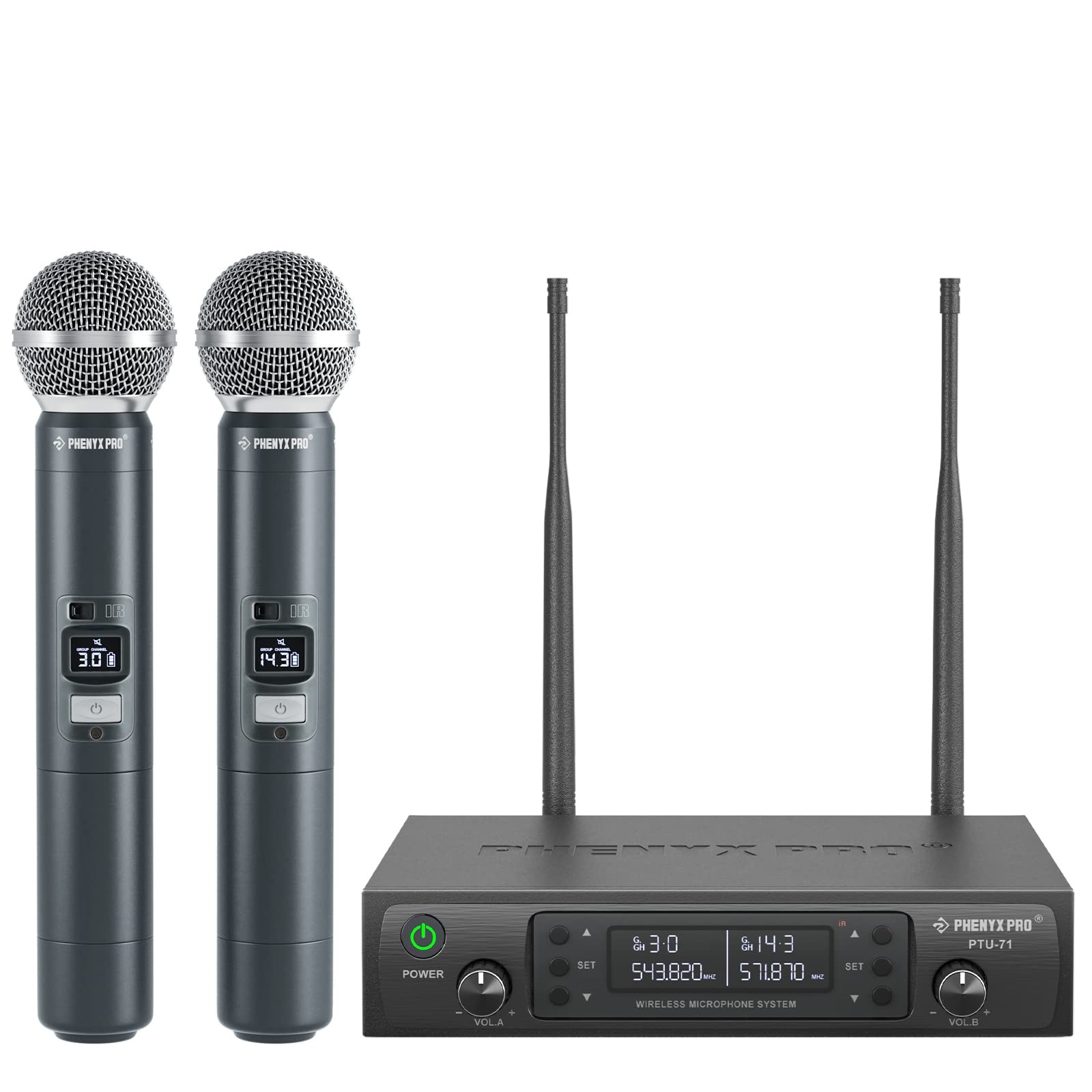 Phenyx Pro Dual UHF Auto Scan Handheld Wireless Two Mics, Black