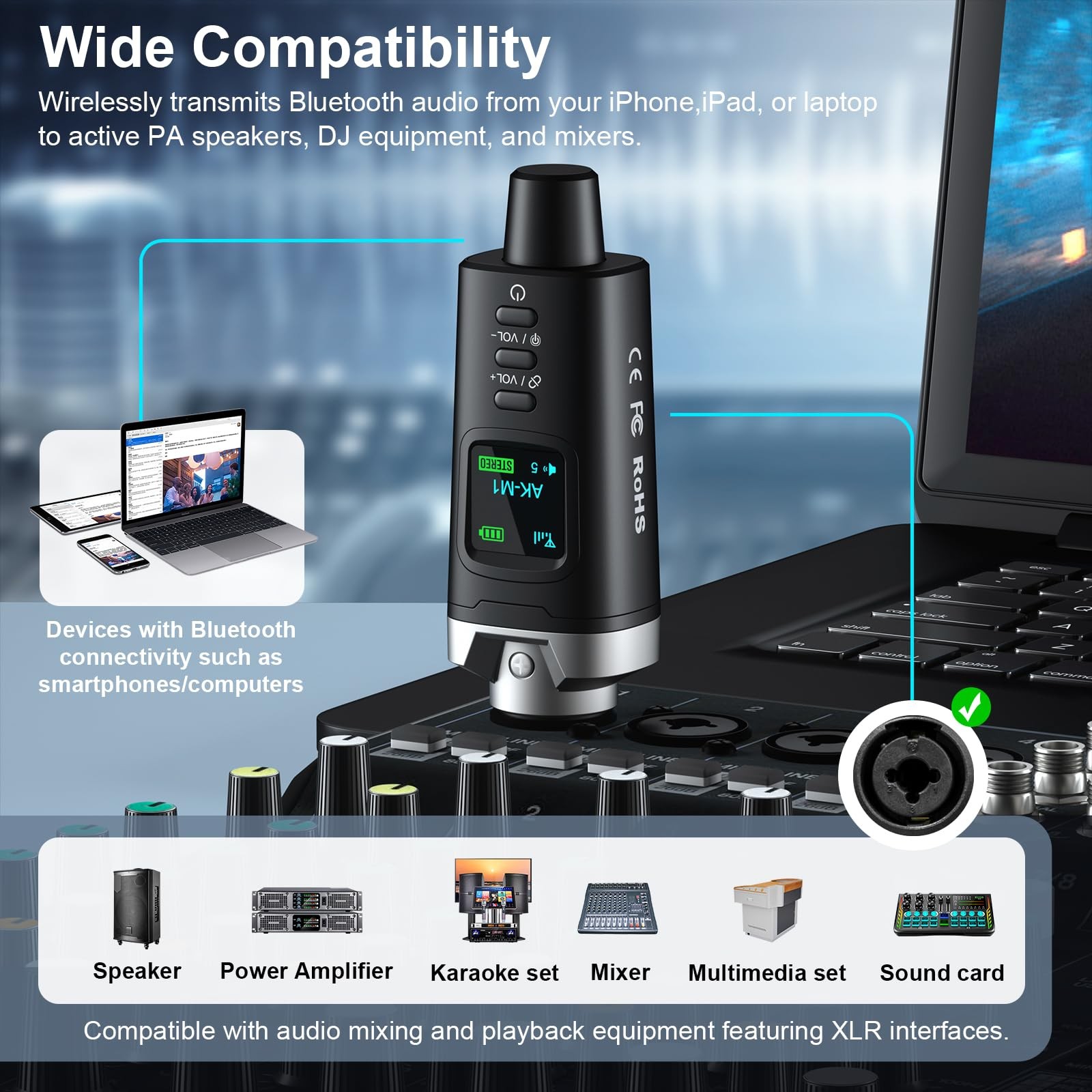 Aokeo XLR Bluetooth Receiver, Wireless Audio Adapter, 100ft, 2 Pack