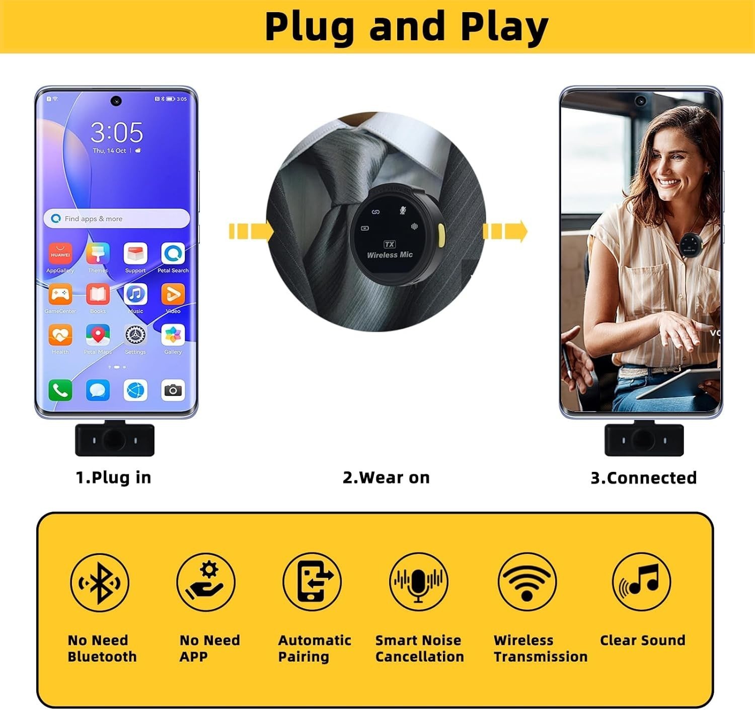 Magnetic Wireless Lavalier Microphone Noise Canceling Audio Video Recording Mic