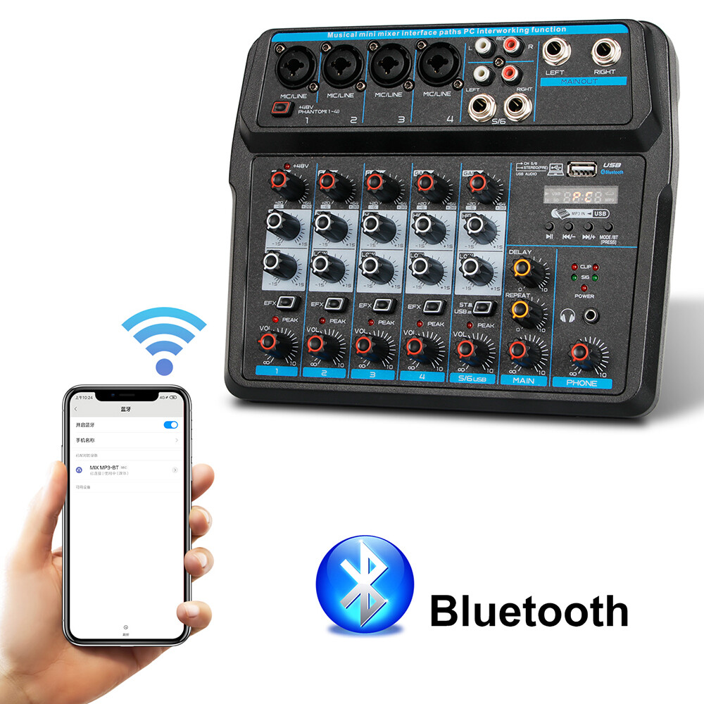 6 Channel Audio Mixer Bluetooth Mixing Console For DJ Karaoke Live Podcast USB