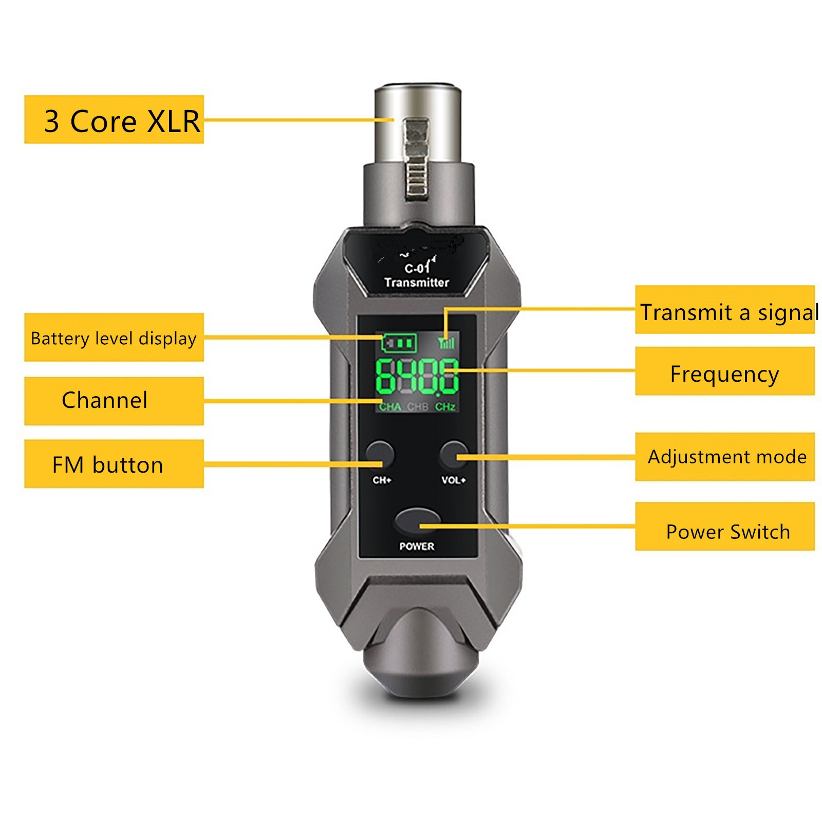 Rechargeable Plug-on Microphone Wireless System XLR Transmitter+Receiver+Adapter