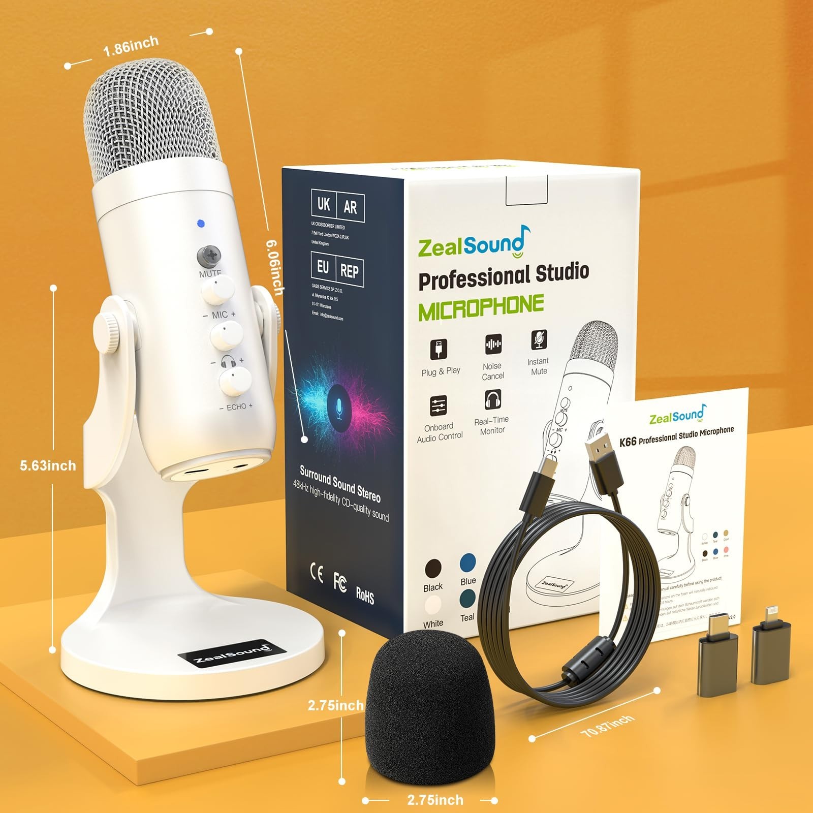 Podcast Microphone for iPhone, PC & Android – Noise Cancelling, Gain Knob, Mute