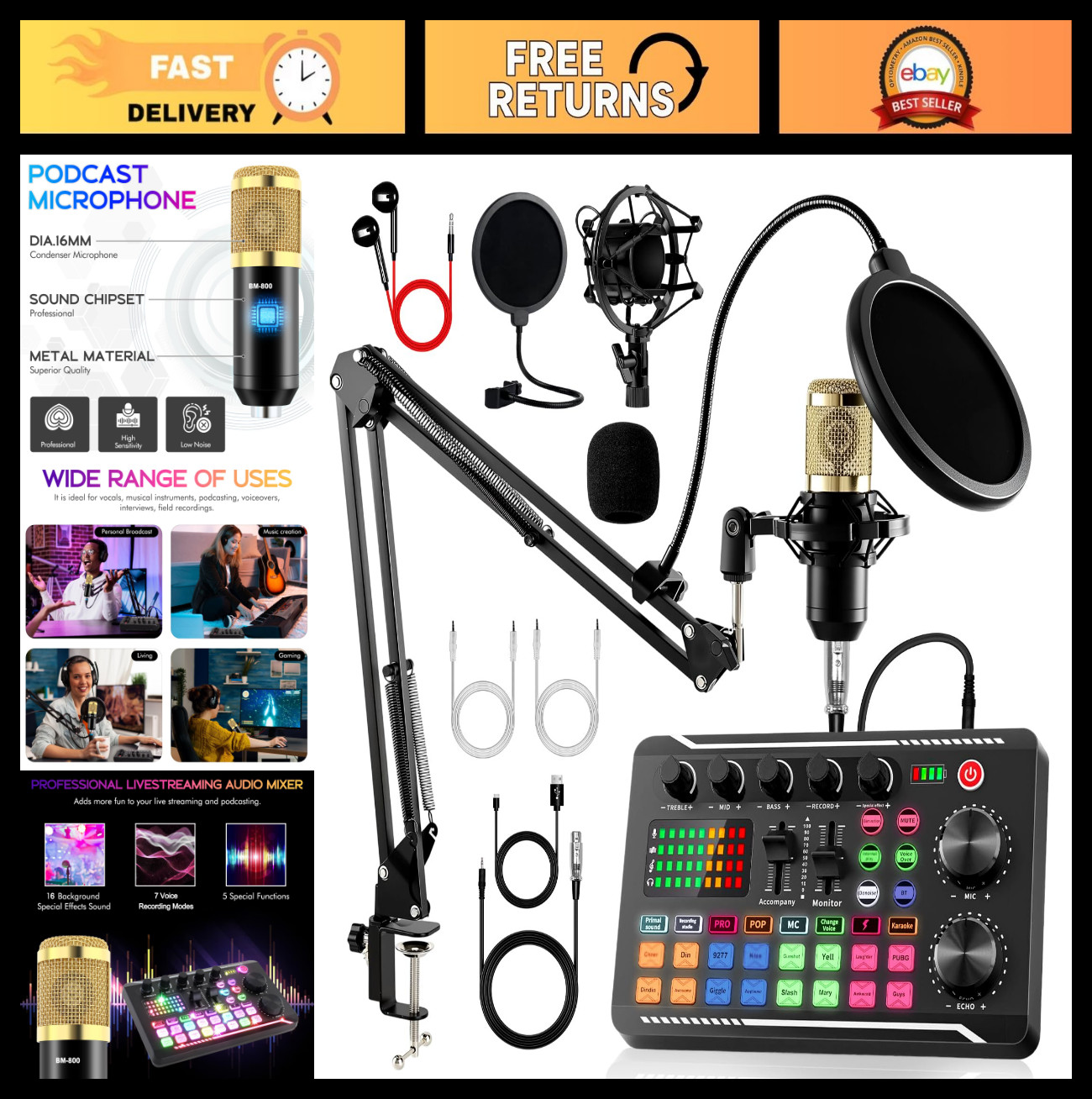 Podcast Equipment Bundle – F998 Sound Card & BM-800 Mic, Audio Mixer for Streami