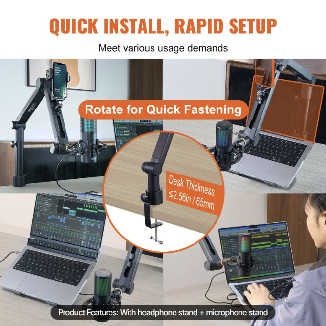 Desk-Mounted Microphone Arm, Flexible 360 degree Rotation, Adjustable Stand