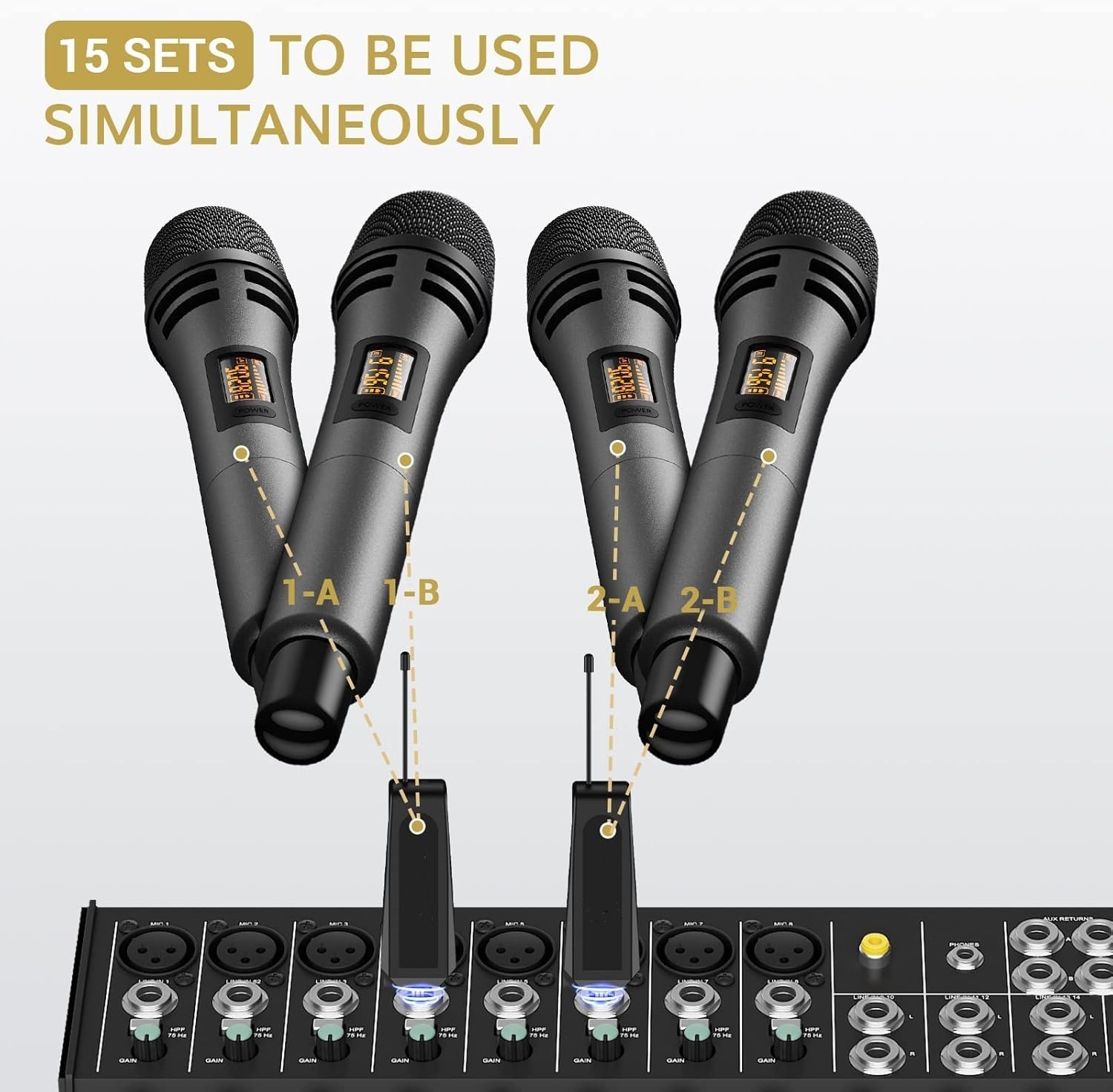 Micrófono inalámbrico dual UHF, de mano, de metal con receptor recargable