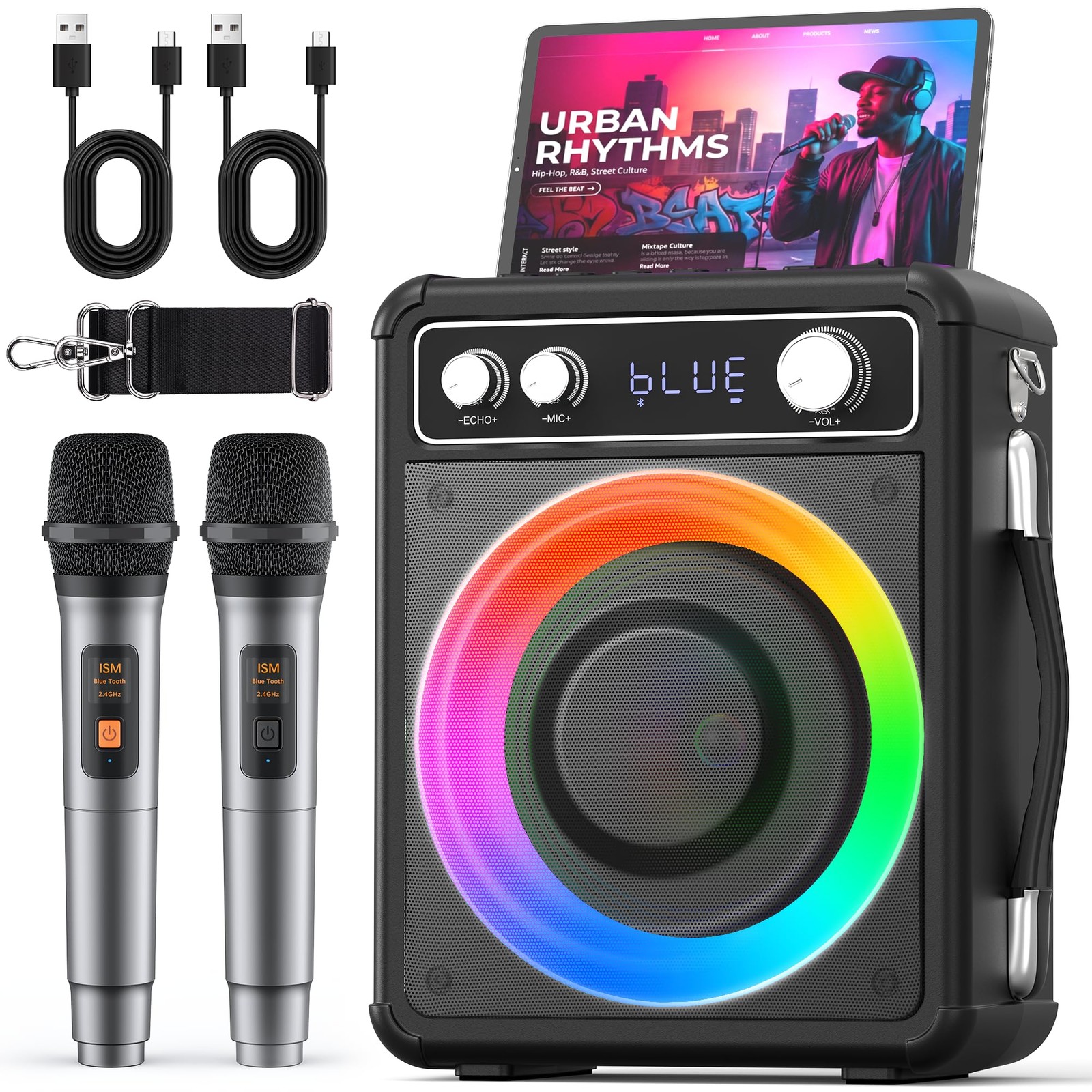 VOSOCO Karaoke Machine with 2 Wireless Microphones, T03-2 MICS, Black