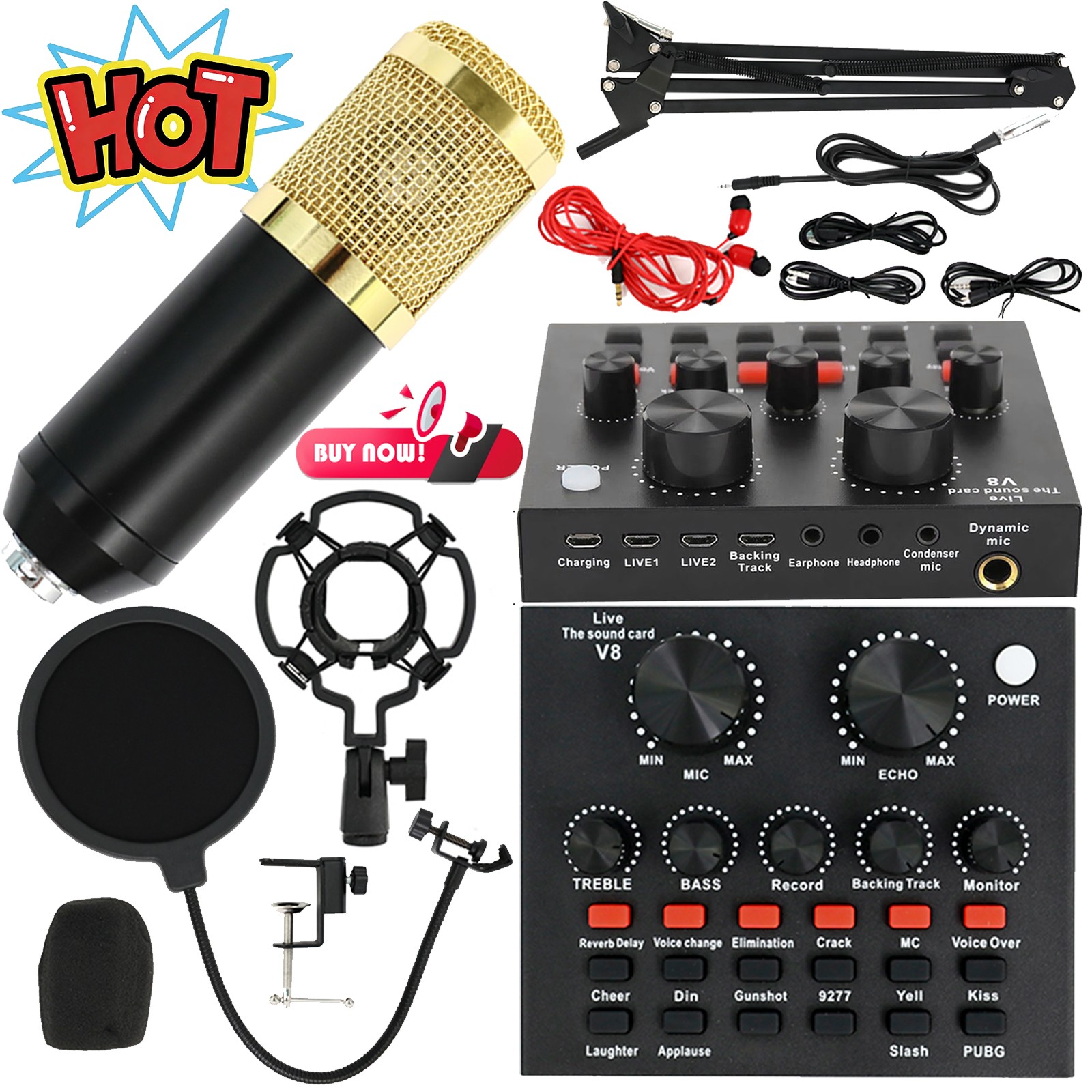 Earphone Studio Recording Kit Podcast Mixer Equipment Condenser Microphone Set