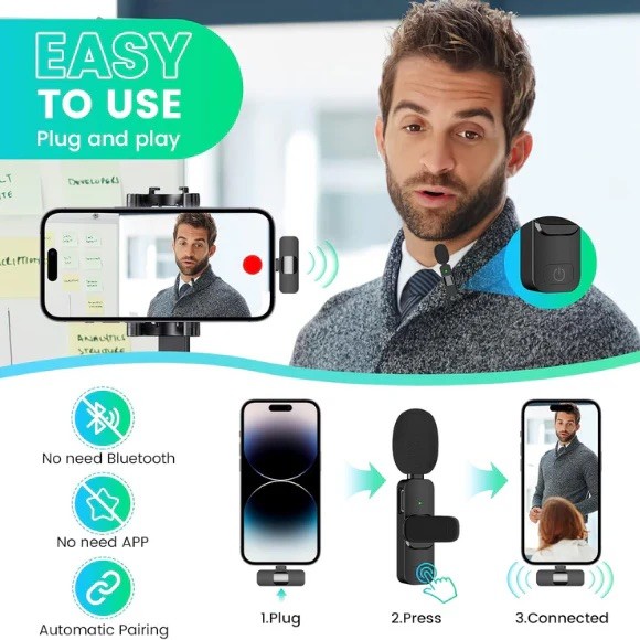 3 in 1 Wireless Mini Lavalier Microphone for iPhone iPad Camera Recording