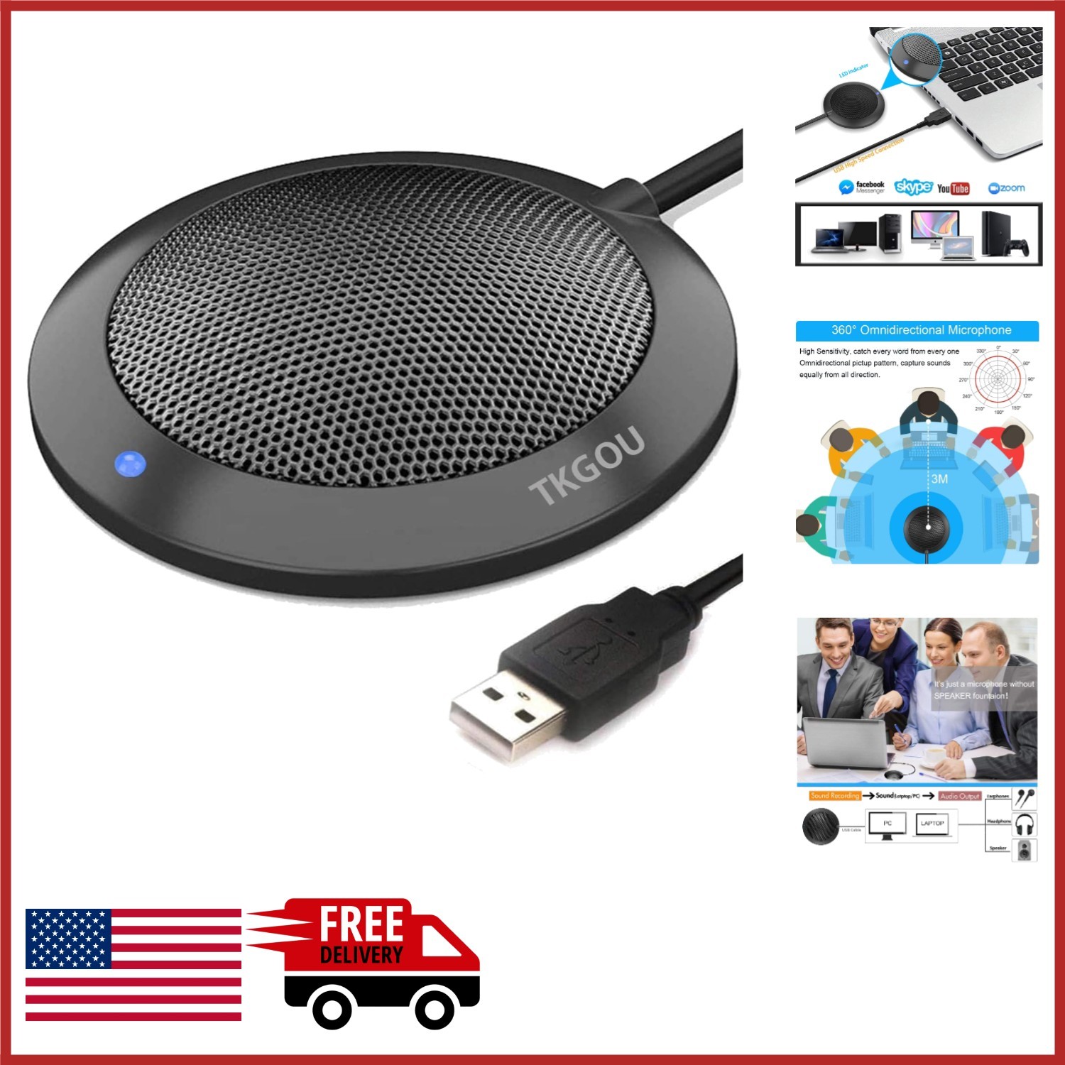 Omnidirectional USB Microphone for Online Meetings, Zoom, Skype, Recording