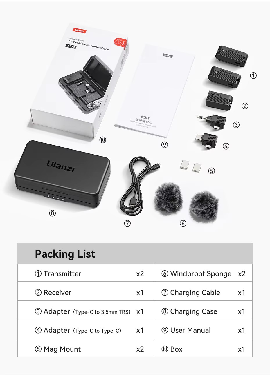 A100 Wireless Microphone Lavalier MIC for iPhone 16 15 Pro（Max） Camera Sound Rec