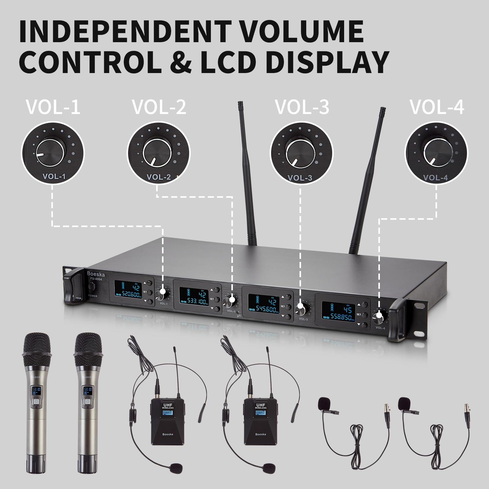 4 Channel Wireless Microphone System UHF 2 Cordless Handheld Mics and 2 Laval…