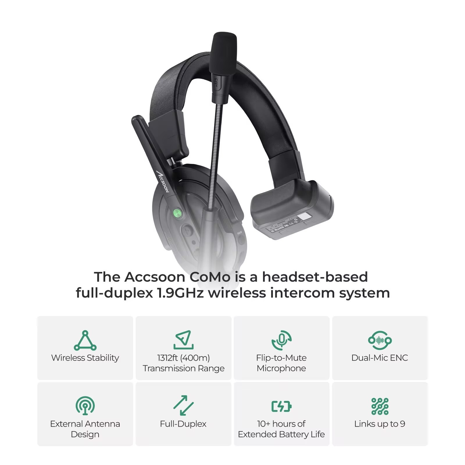 Accsoon COMO Full-Duplex Wireless Intercom System 400M Communication Headset
