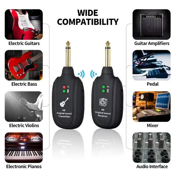 A8 Guitar Wireless System – Built-in Rechargeable Transmitter & Receiver