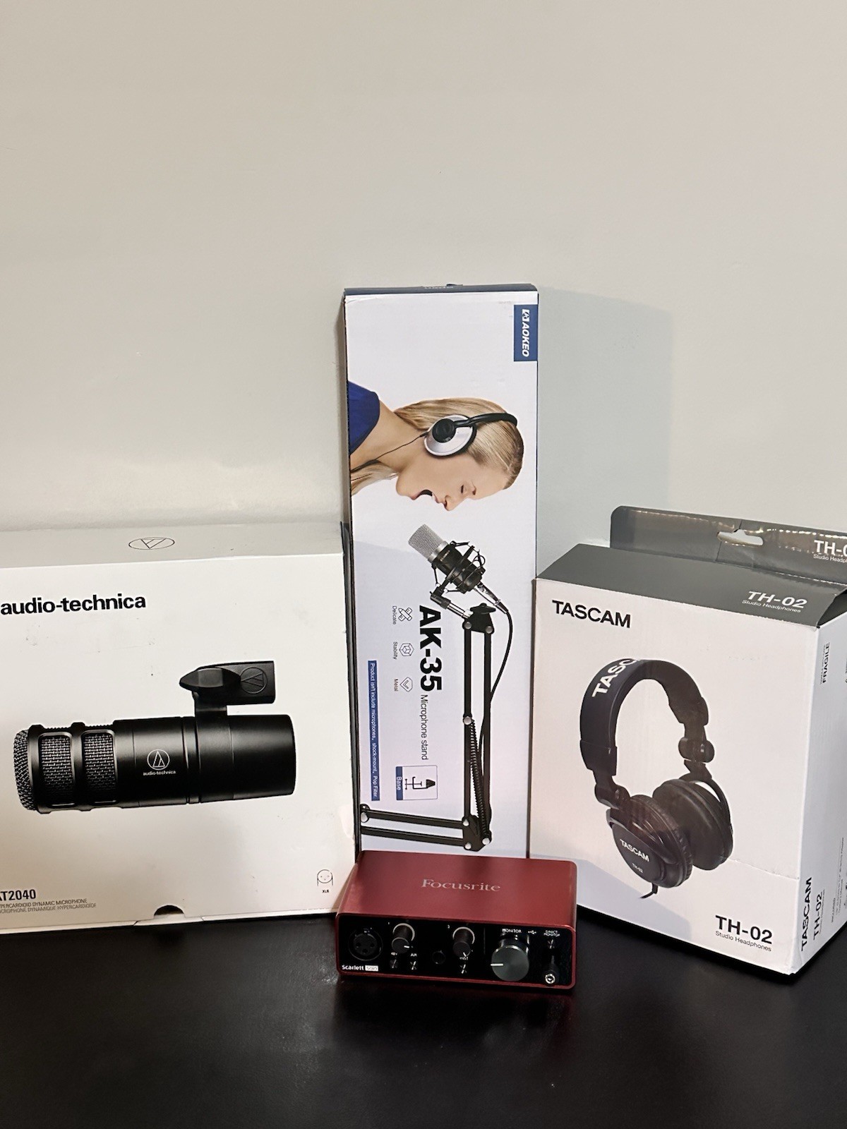 Audio-Technica AT2040 Microphone, Tascam TH-02 Headphones, FocusRite, Stand